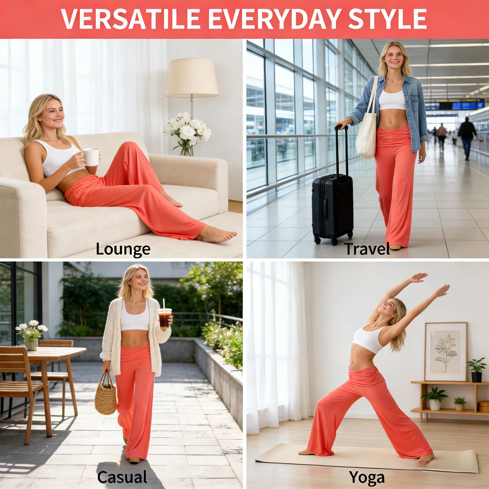 Pantalones de yoga plegables de coral, pierna ancha, cintura alta, con cintura fruncida, para uso diario