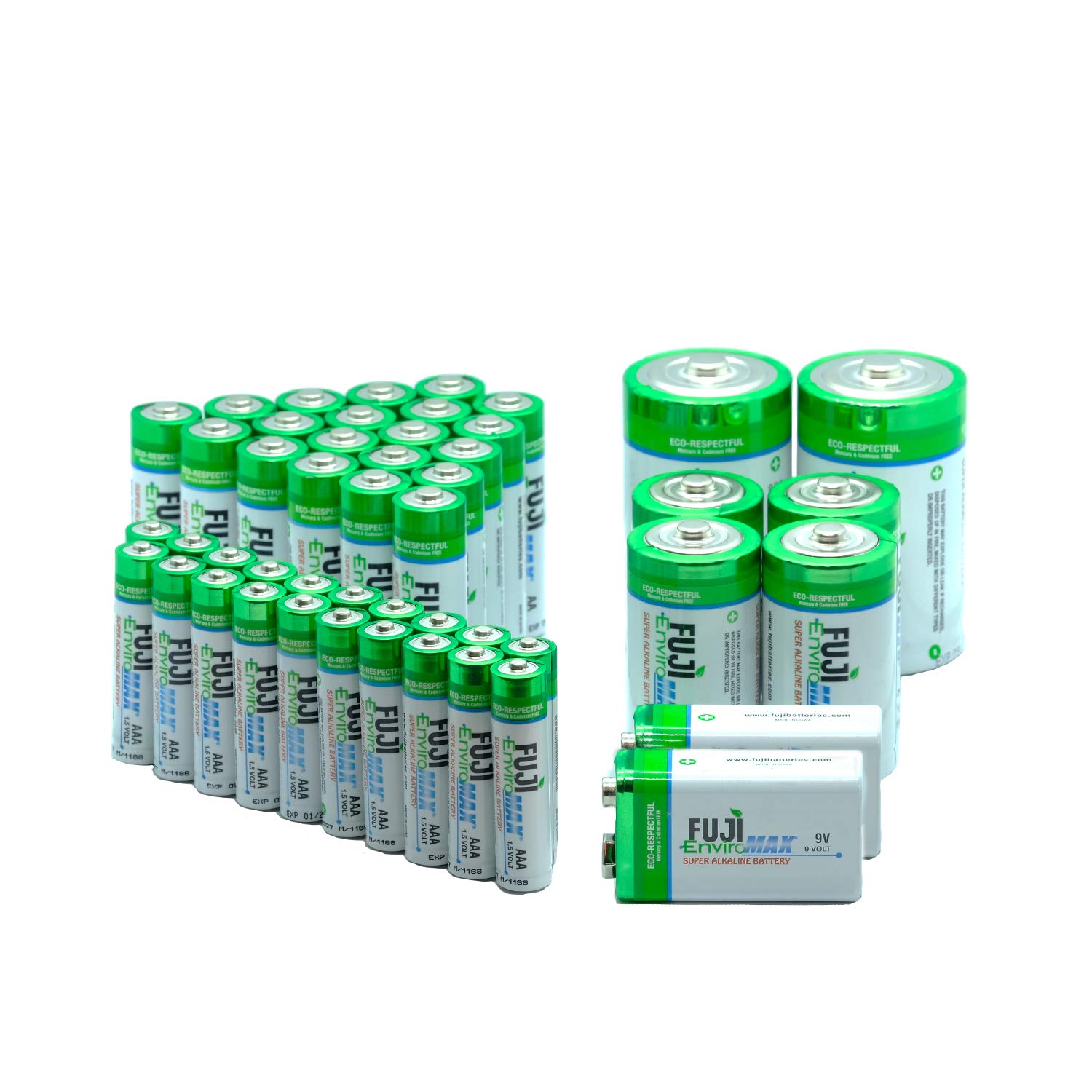 Fuji EnviromaxAAA, AA, C, D and 9V Super Alkaline Battery Bundle, Eco-Friendly, Long Lasting, Powerful, No Harmful PVC or Heavy Metals Used - (48 Mixed Batteries Total)