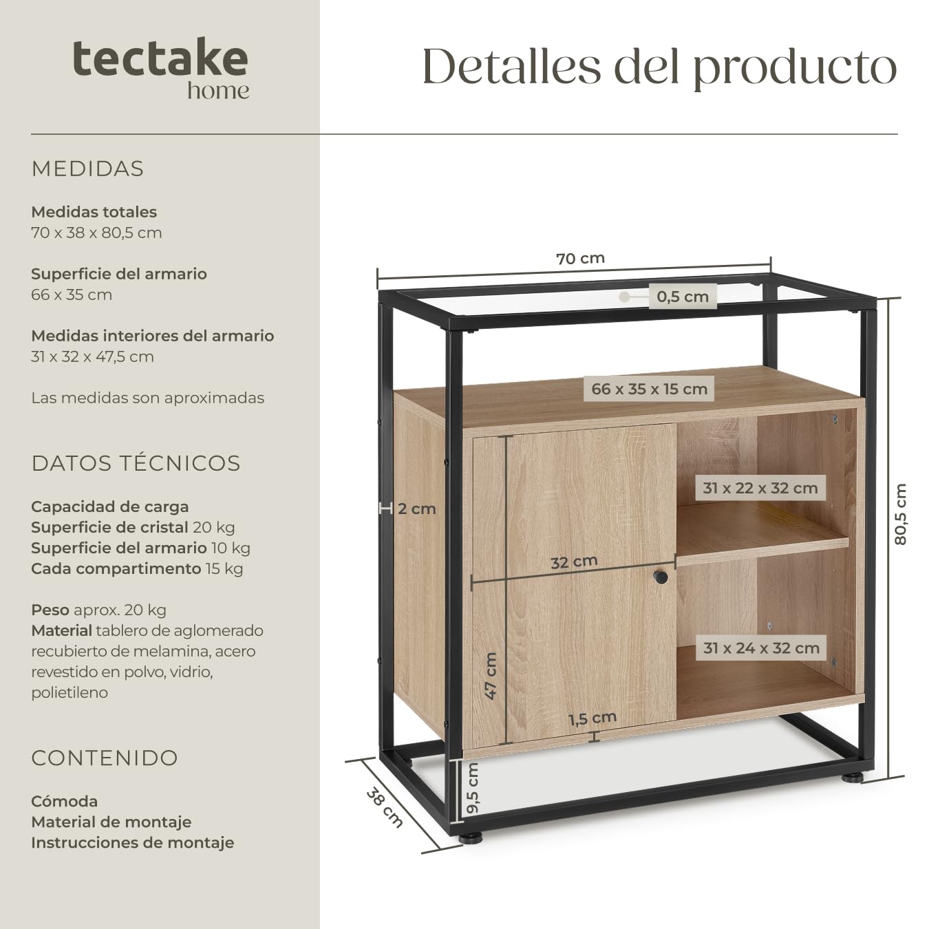 tectake® Mesa Auxiliar con Armario Magnético y Estantes, Recibidores de Entrada, Estanteria Baño, Mueble Baño, Mueble Recibidor, Aparador - 70 x 38 x 80,5 cm Madera Industrial Clara, Roble Sonoma