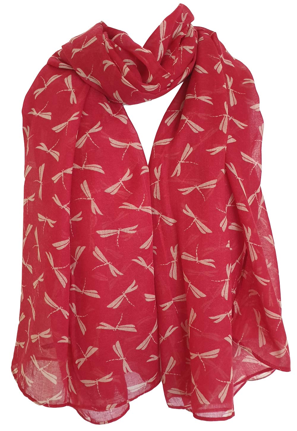 GlamLondon Dragonfly Scarf, Womens Dragon fly print scarves, Pink, Blue, White Colours, Small Dragonflies (AMZ - Red)