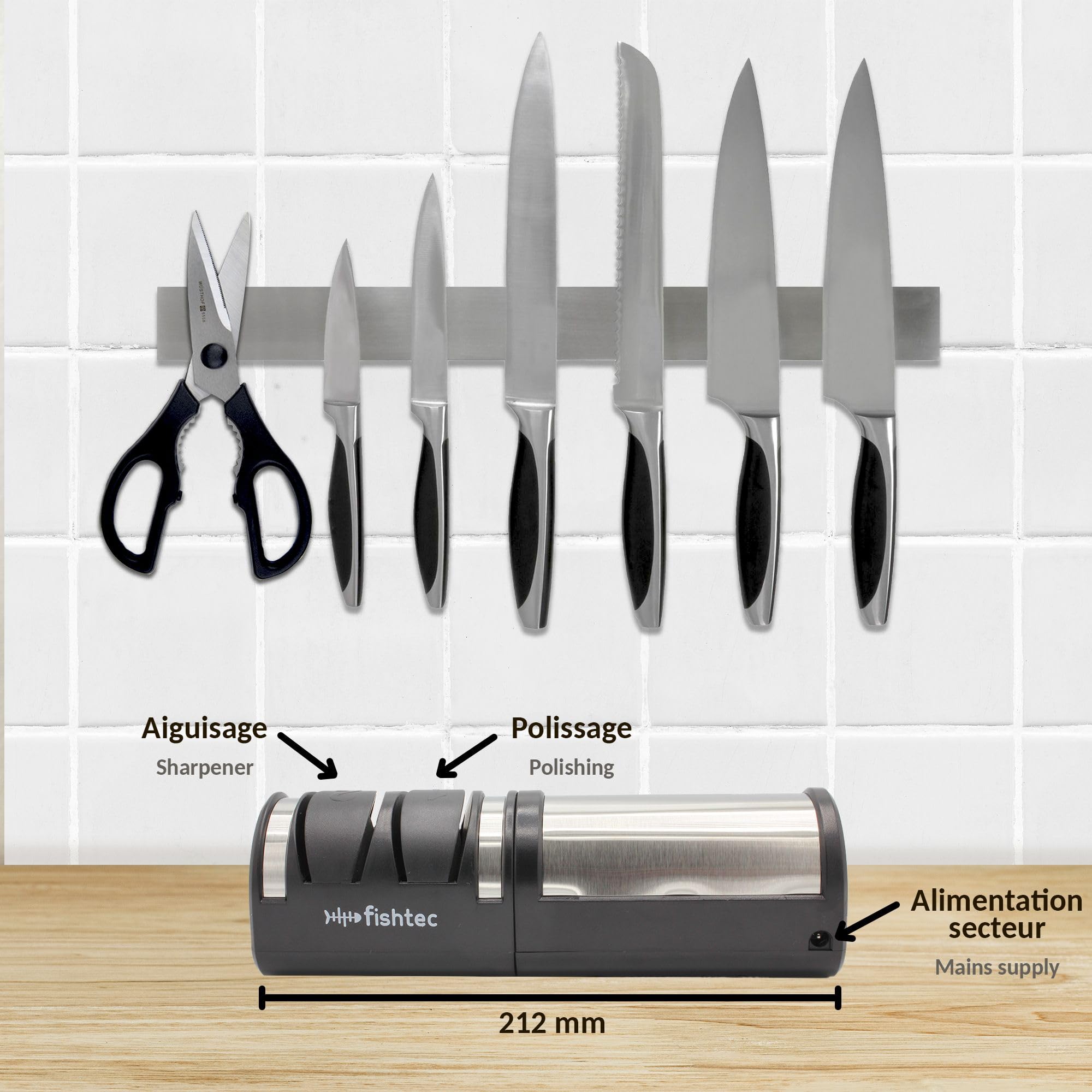 FISHTEC - Aiguiseur électrique Master Blades noir - 4 fentes diamant affûtage et polissage - Pour couteaux acier et céramique - Appui stable antidérapant - Nettoyage facile démontable