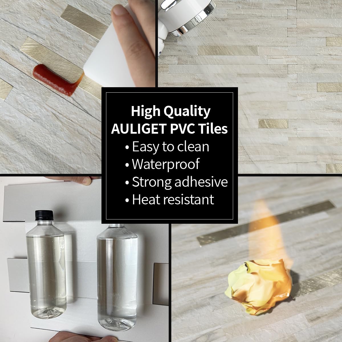 AULIGET 20 Blatt Kunststein zum Abziehen und Aufkleben, Beige Marmoroptik, PVC-Wandfliesen, zum Aufkleben auf Backsplash für Küche und Bad