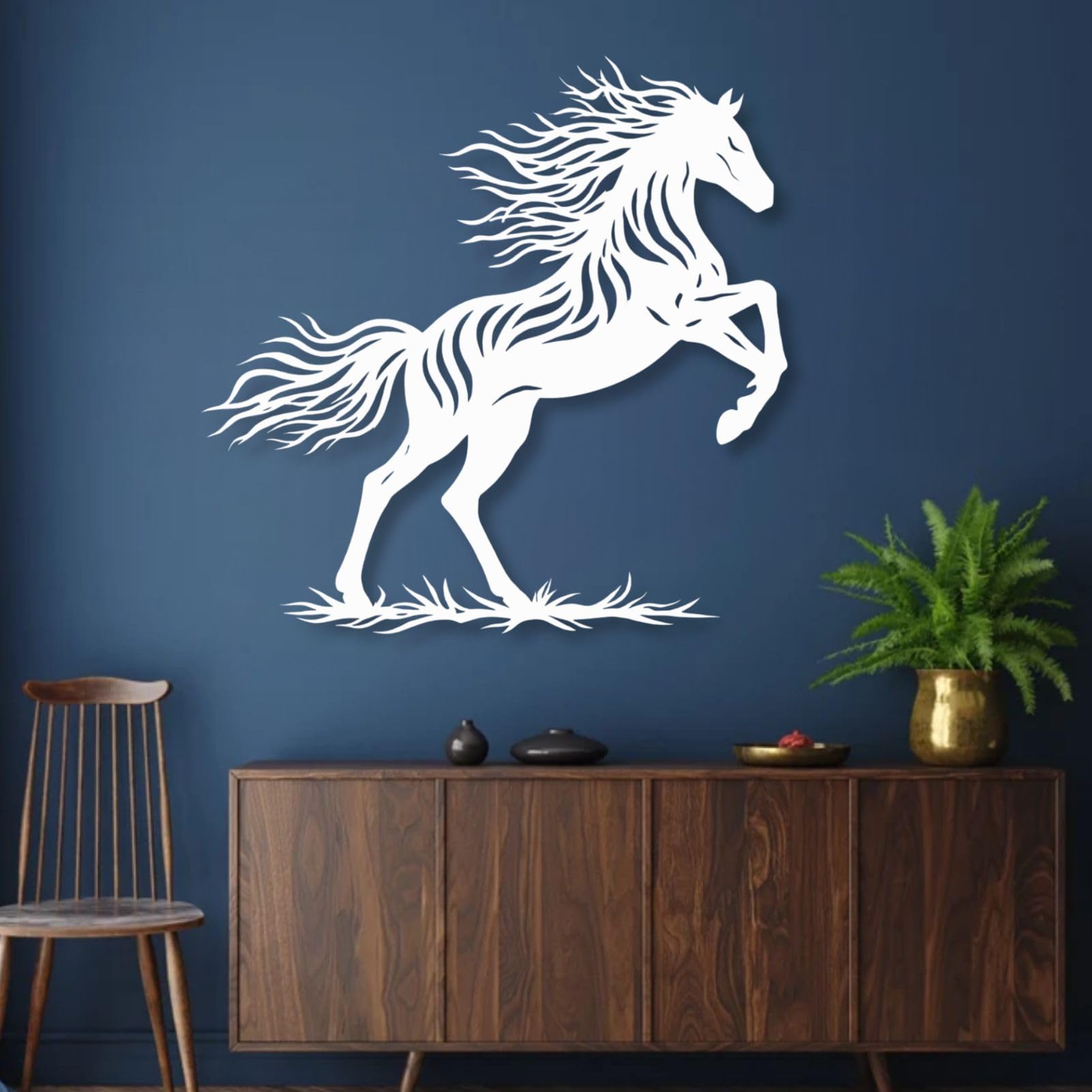 Schwarzes Metallpferd als Wandbild für Wildtiere, Wanddekoration im Landhausstil, Wanddeko für Schlafzimmer, Wohnzimmer, Flur und Treppenhaus, Natur-Wohndeko (Schwarz, 35" × 3")