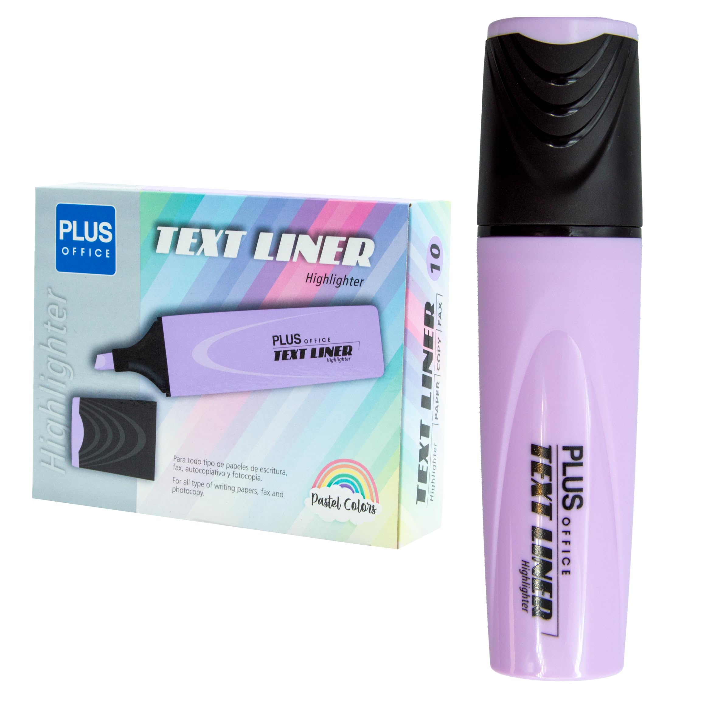 Plus Office Pastel Highlighters, Marker Pen with Beveled Tip, Pack of 10 Water-Based Phosphorescent Markers, Pastel Colour (Violet)