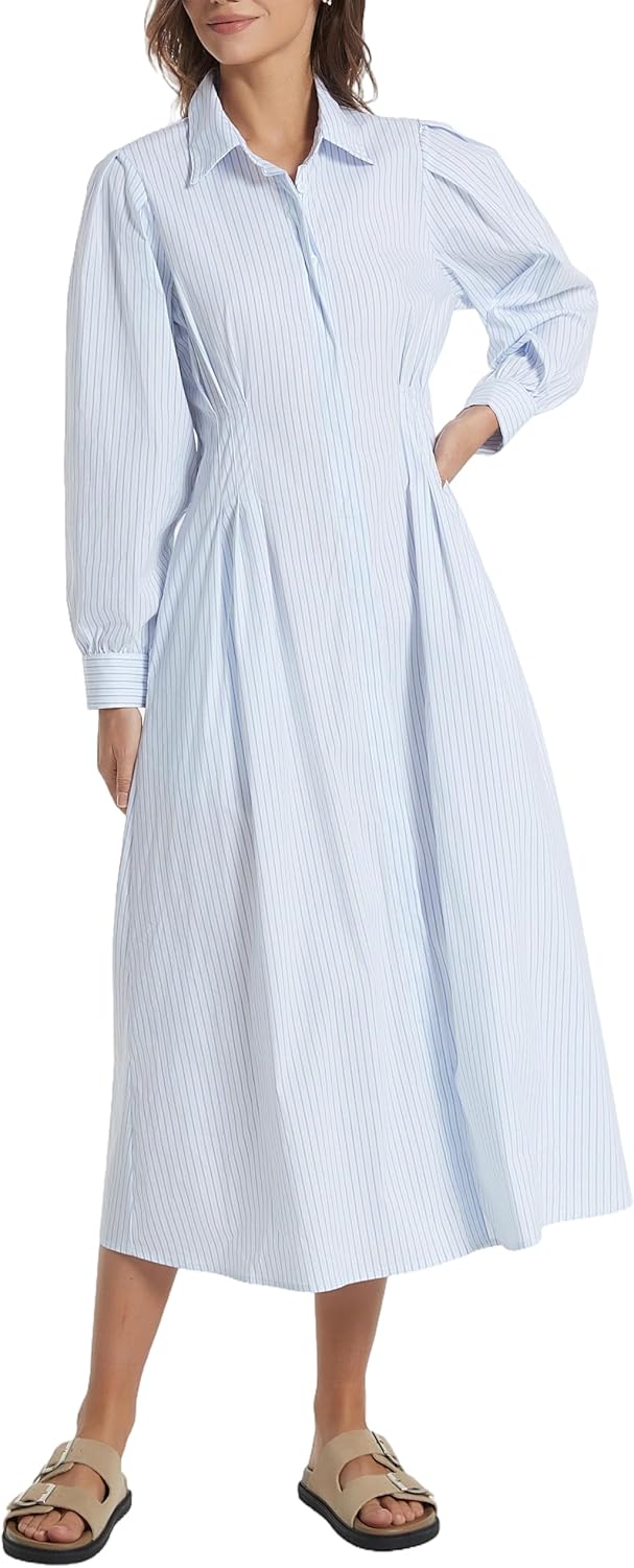 D-Sun Women's Maxi Shirt Dress Striped Button Down Maxi Dress Casual Long Sleeve V Neck Pleated Long Shirt Dresses