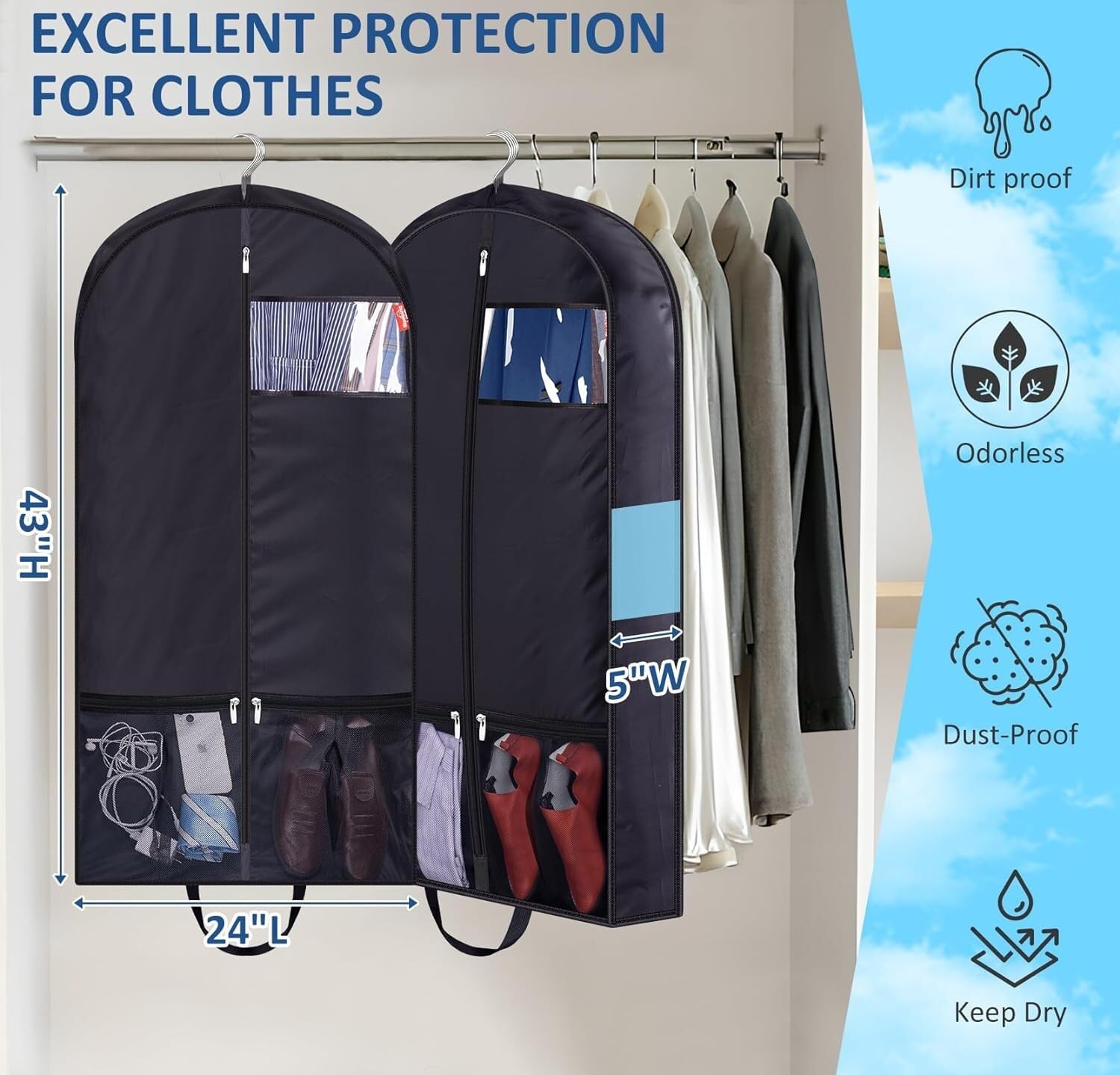 Portatrajes Funda Traje 2 Uds Bolsas De Ropa Con Refuerzos De 5 ''bolsa De Traje Armario Almacenamiento Cubierta De Traje Bolsa De Ropa Colgante Para Abrigos Chaquetas Camisas Funda Ropa Portatrajes V