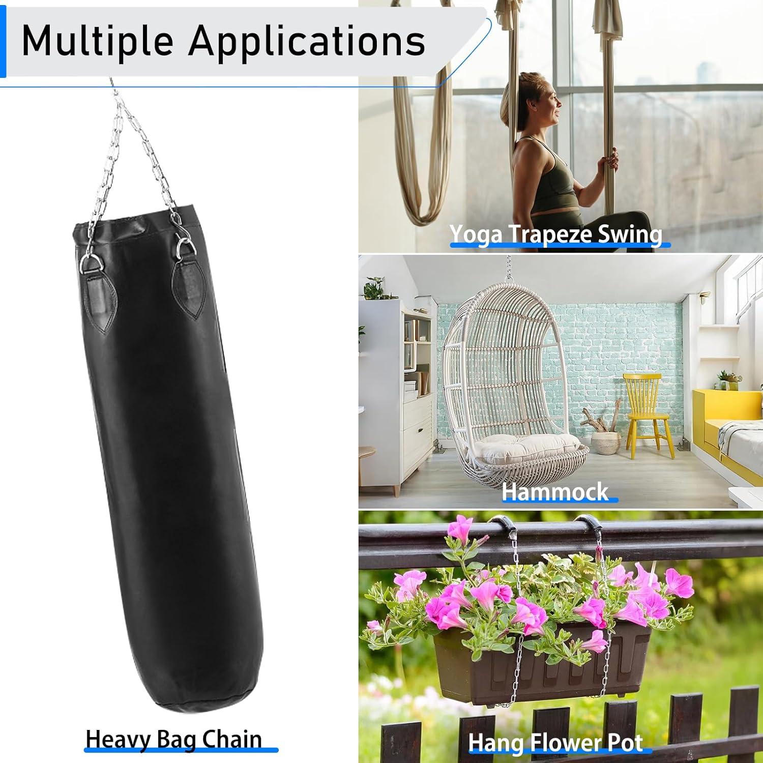 2 Pack 30 Inch Heavy Duty Chains, 1/5 Inch Thick Steel Hanging Chain with Spring Snap, Easy to Install Chain Extender for Punching Boxing Bag, Hammock, Porch Yoga Trapeze Swing, Silver, 440LB - Image 7