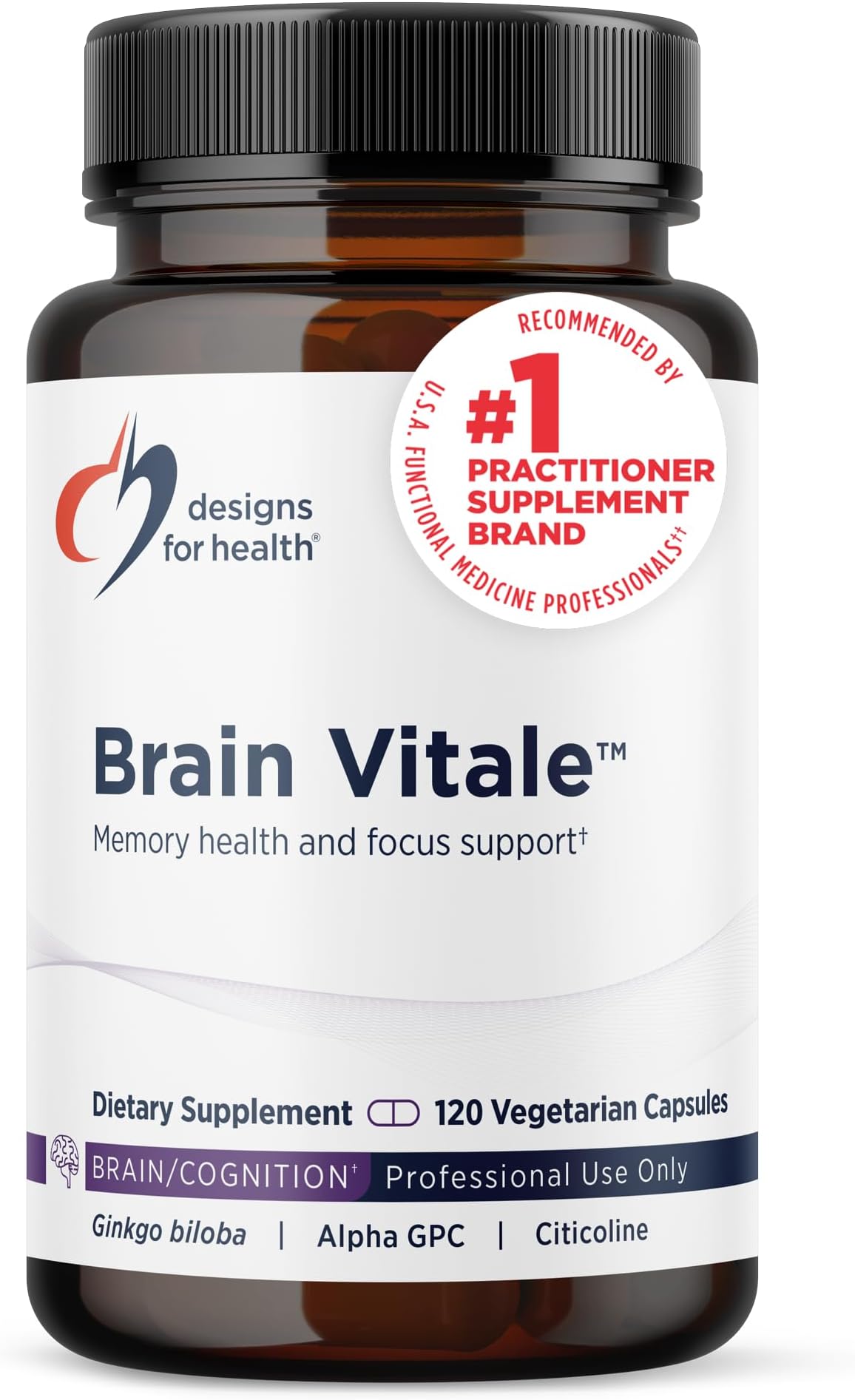 Designs for Health Brain Vitale - Supports Focus, Memory, and Stress with Nootropic Blend of Choline, Citicoline, Phosphatidylserine, Ginkgo Biloba, and Alpha GPC - Gluten Free, Vegan (120 Capsules)​
