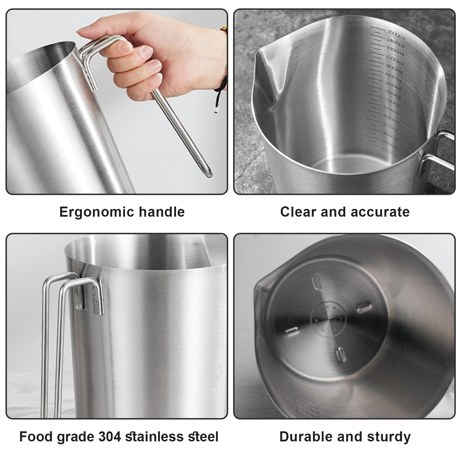 GOMETY Misurino in acciaio inox 1500 ml, 304, misurino con manico e scala, lavabile in lavastoviglie, in acciaio inox, robusto misurino da 1,5 l, per cucina, cottura, latte, liquidi