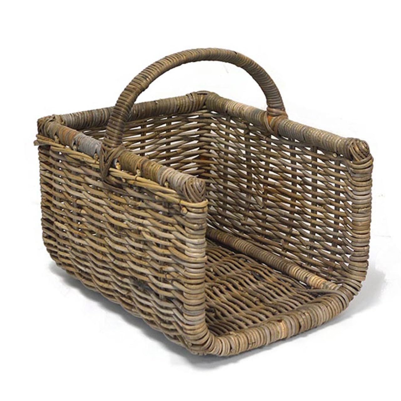Tri-Pendawa Grey Large Open-Sided Wicker Weave Log Basket With Handle