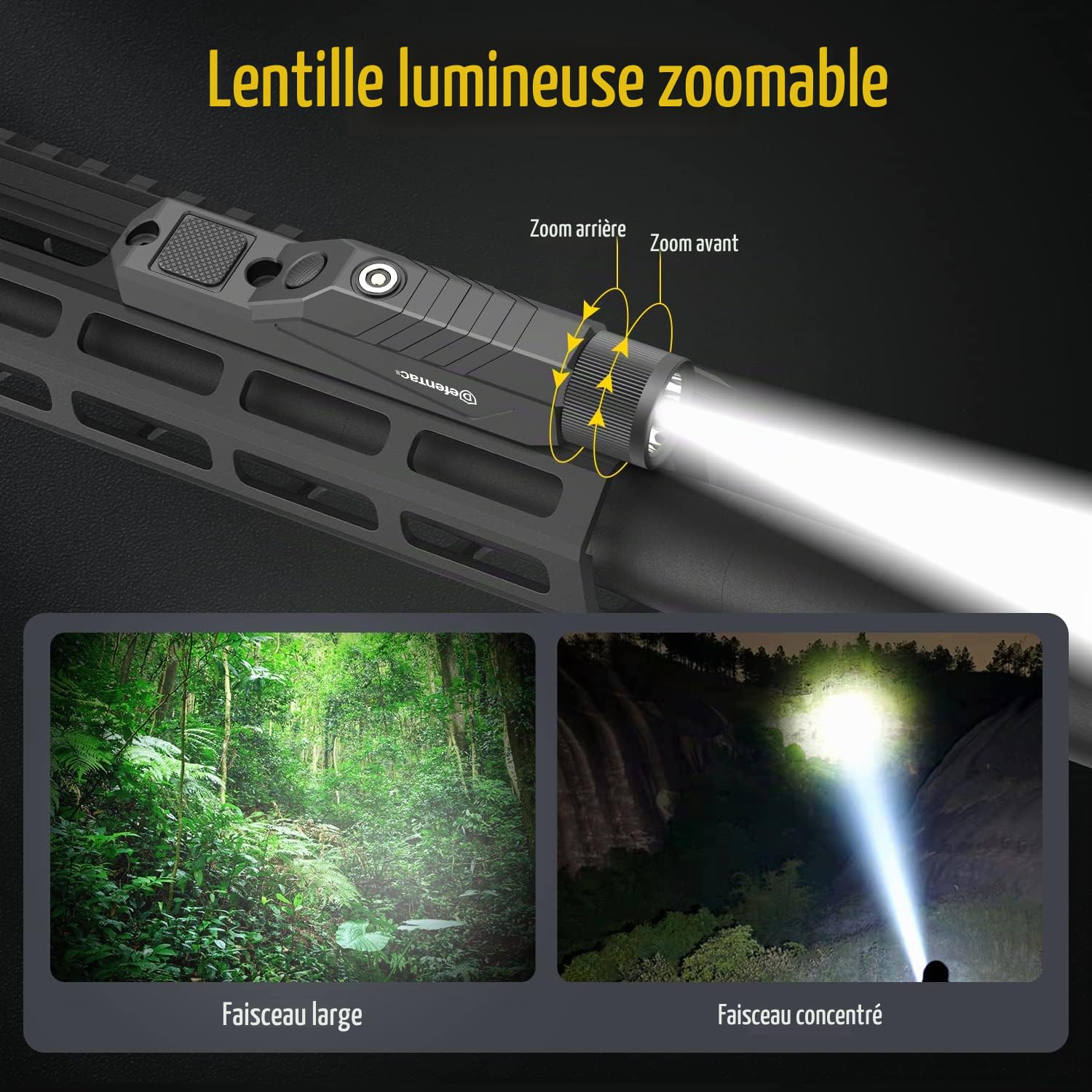 DEFENTAC Lampe torche tactique zoomable 1750lm momentanée et stroboscopique pour fusil, lampe d'arme avec interrupteur de pression intégré, compatible M-Lok et magnétique