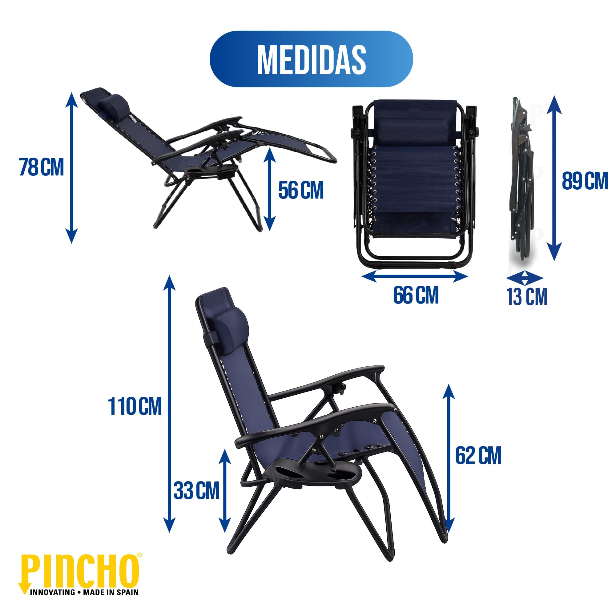 Pincho Tumbona Jardin Exterior Plegable de Gravedad Cero - Pack 2 Sillas Reclinables o Hamacas para Playa, Terraza y Camping con Portavasos, Ligeras y Cómodas (Marino)