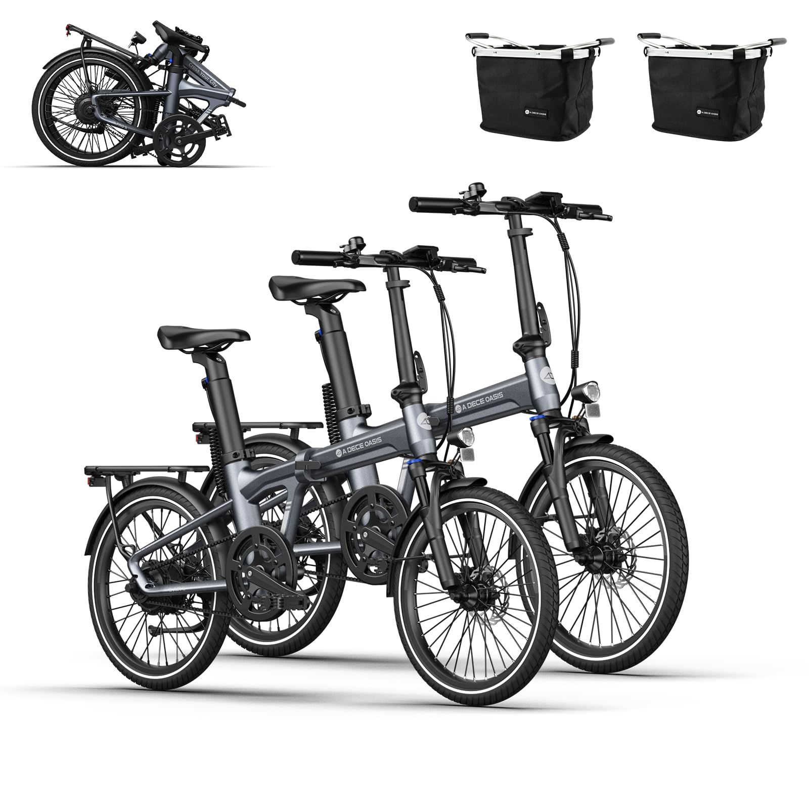 A Dece Oasis Ado Air20S*2 V2026 Bicicleta Eléctrica Plegable, E-Bike Ultraligera 20'' con Suspensión, Motor 250W/50Nm, Autonomía 100km, App Ado, Pantalla IPS de 2,4'',Incluye Cesta Delantera*2