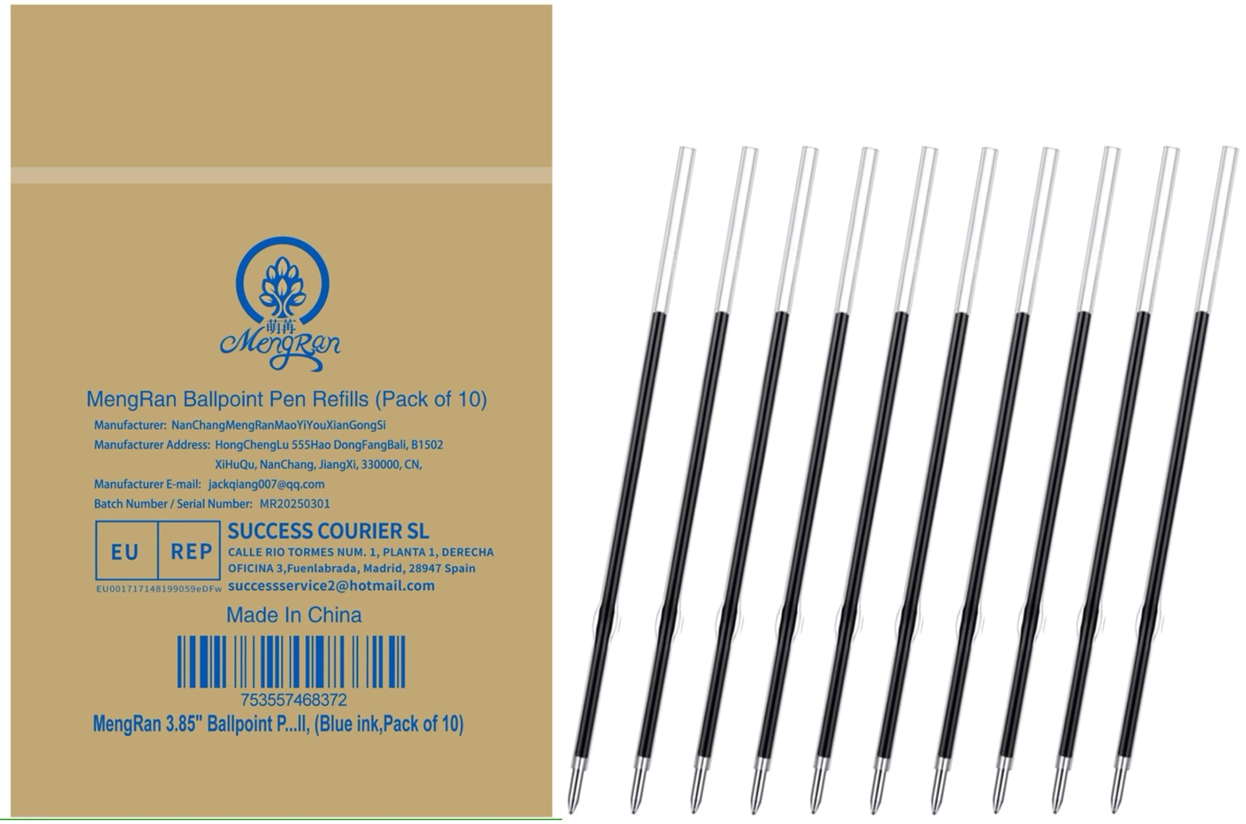 MengRan 3.85'' Ballpoint Ink Pen Refills for Click Pens,Blue,10Pcs — image 1