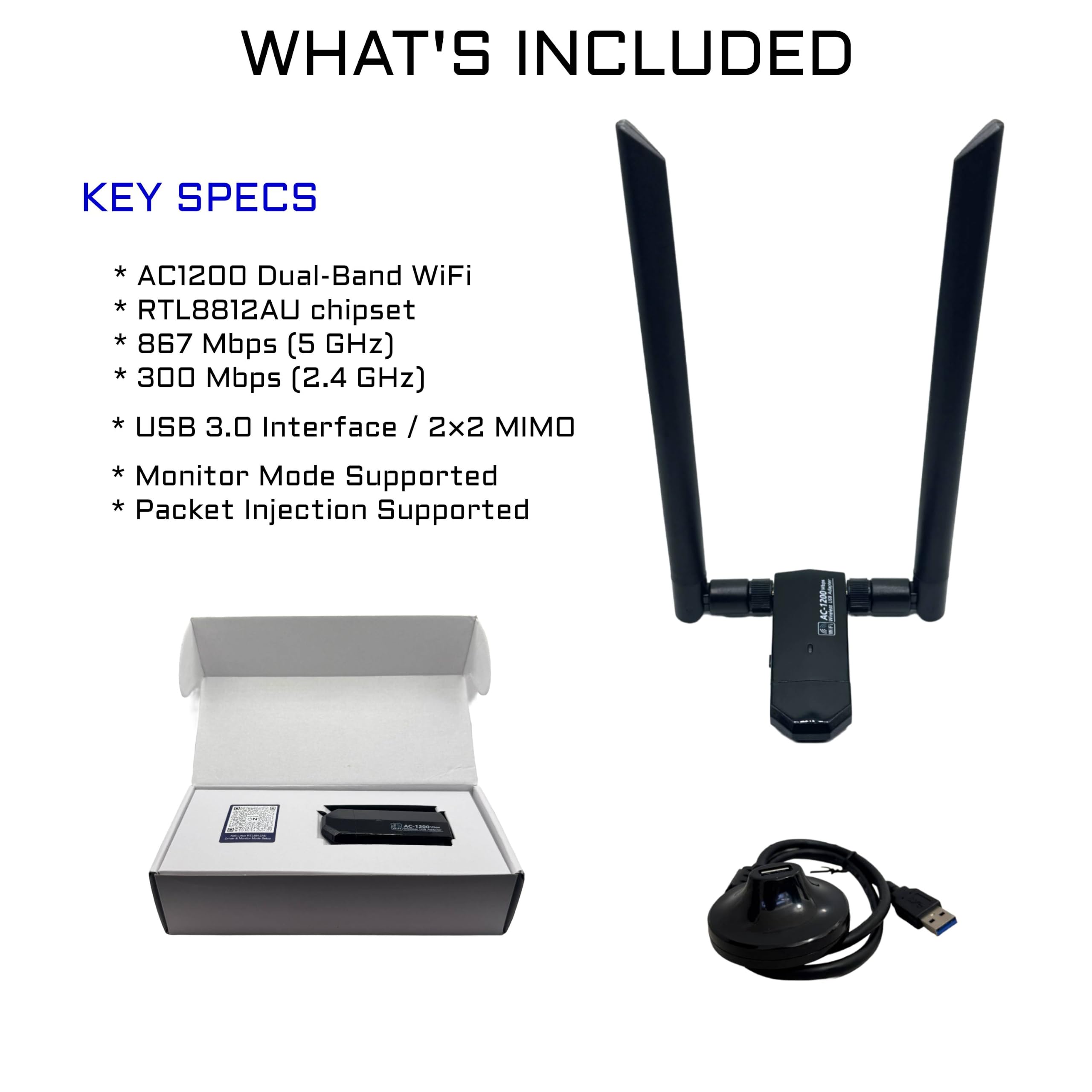 AC1200 RTL8812AU Adaptador USB WiFi para Kali Linux, Ubuntu y Fedora | Adaptador USB 3.0 de doble banda RTL8812AU para modo de monitor Kali; PnP probado en Ubuntu, Fedora, Arch, openSUSE y más