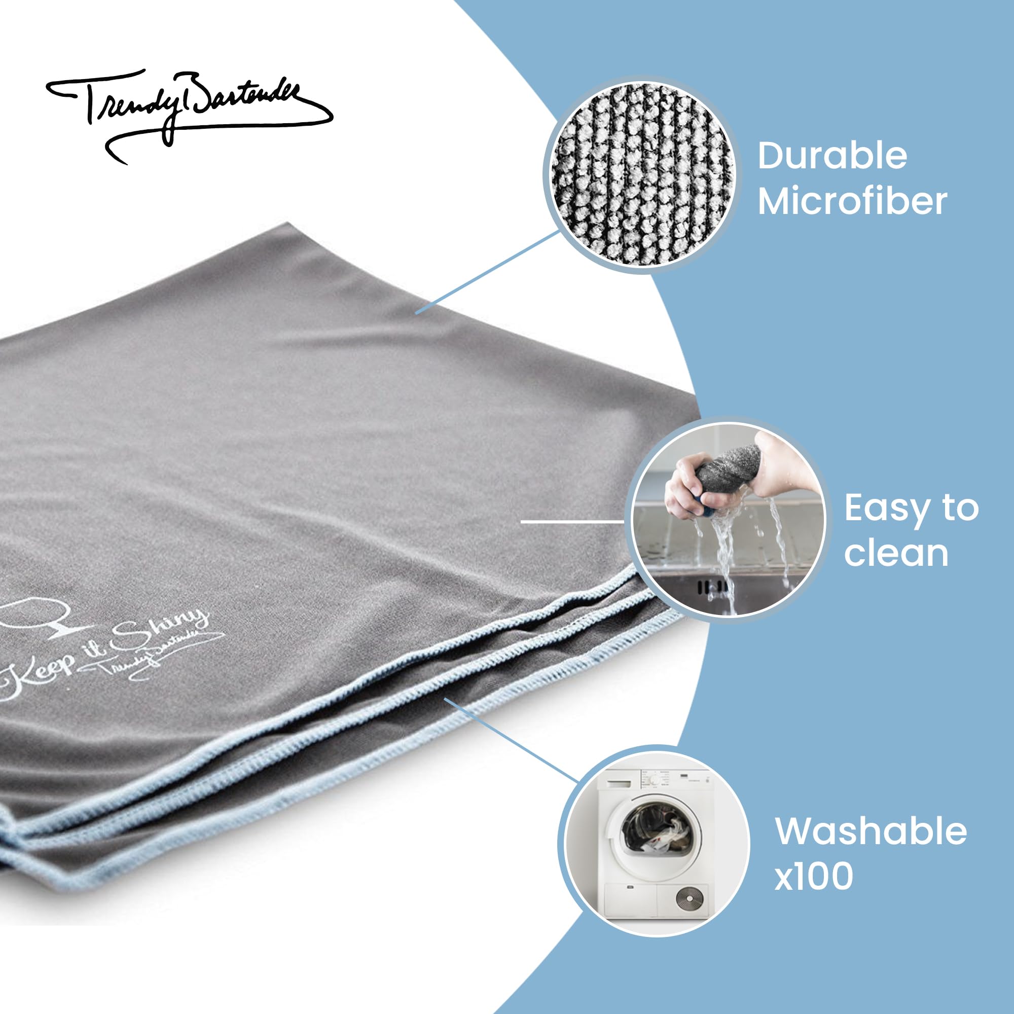 Large extra fine microfiber glass polishing cloths (5 units) Streak free, lint-free shine and clarity for wine glasses, glassware (gray)