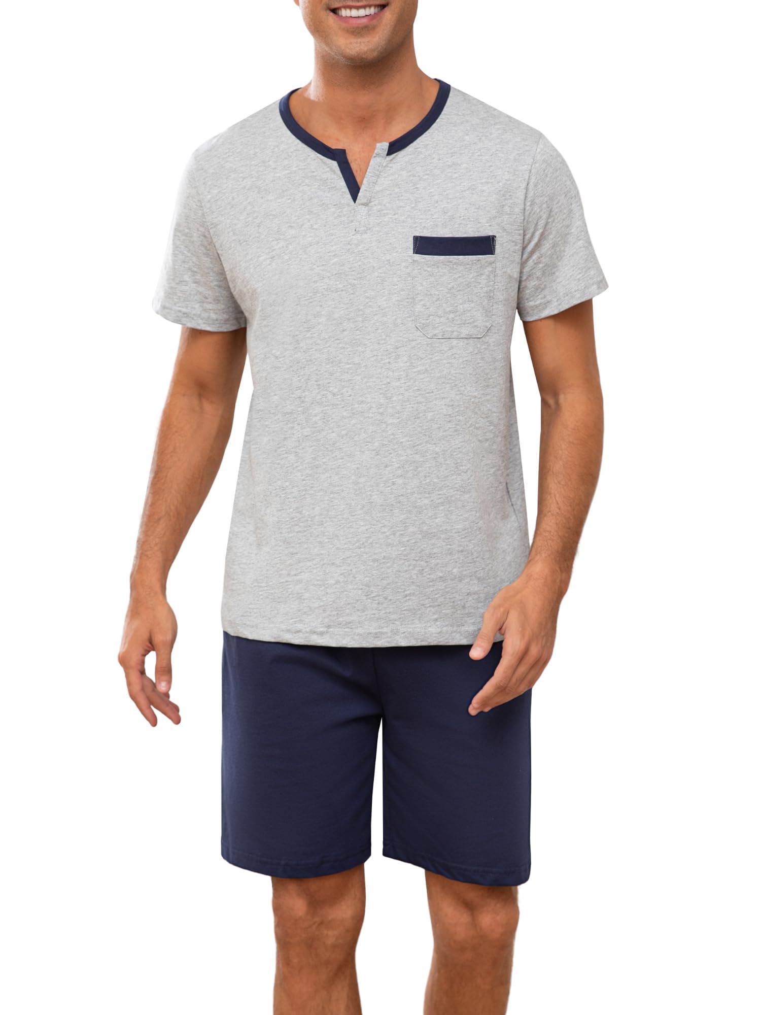 Winovia Herren Schlafanzug Kurz aus 100% Baumwolle - Sommer Nachtwäsche Set mit V-Ausschnitt & Brusttasche, Weich Atmungsaktiv Hausanzug Männer Zweiteilig, Kurzarm Shirt & Schlafshorts