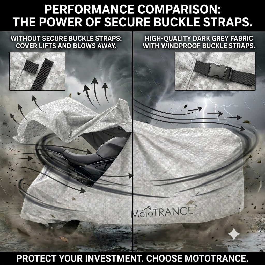 Mototrance Silver Waterproof Bike Body Cover for Bajaj Pulsar AS150 | 99.9% Waterproof & Dustproof | Soft Inner Cotton Lining | Anti Scratch | Interlock Stitching | Buckle Belt | Two Wheeler Cover 4