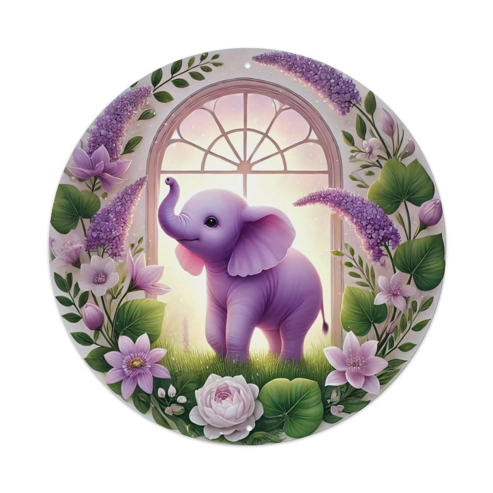 Jdyaojiesheng Vintage Purple Elephant Floral Window Garden Round Tin Sign Retro Metal Wall Decor Metal Poster, Home Bar Garage Farmhouse Cafe Wall Art Decoration 8X8inch