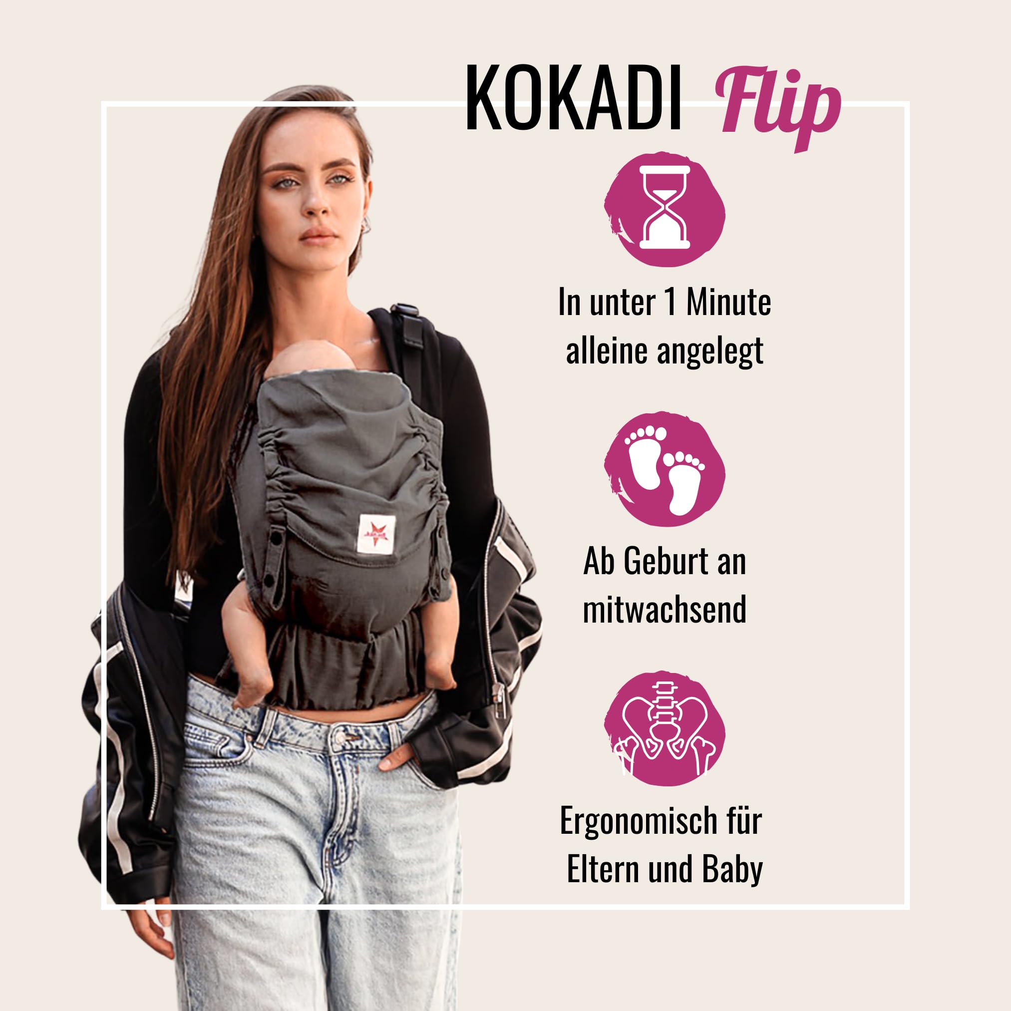 kokadi Mochila Portabebés Flip Talla Bebé Algodón - Unisex, gris