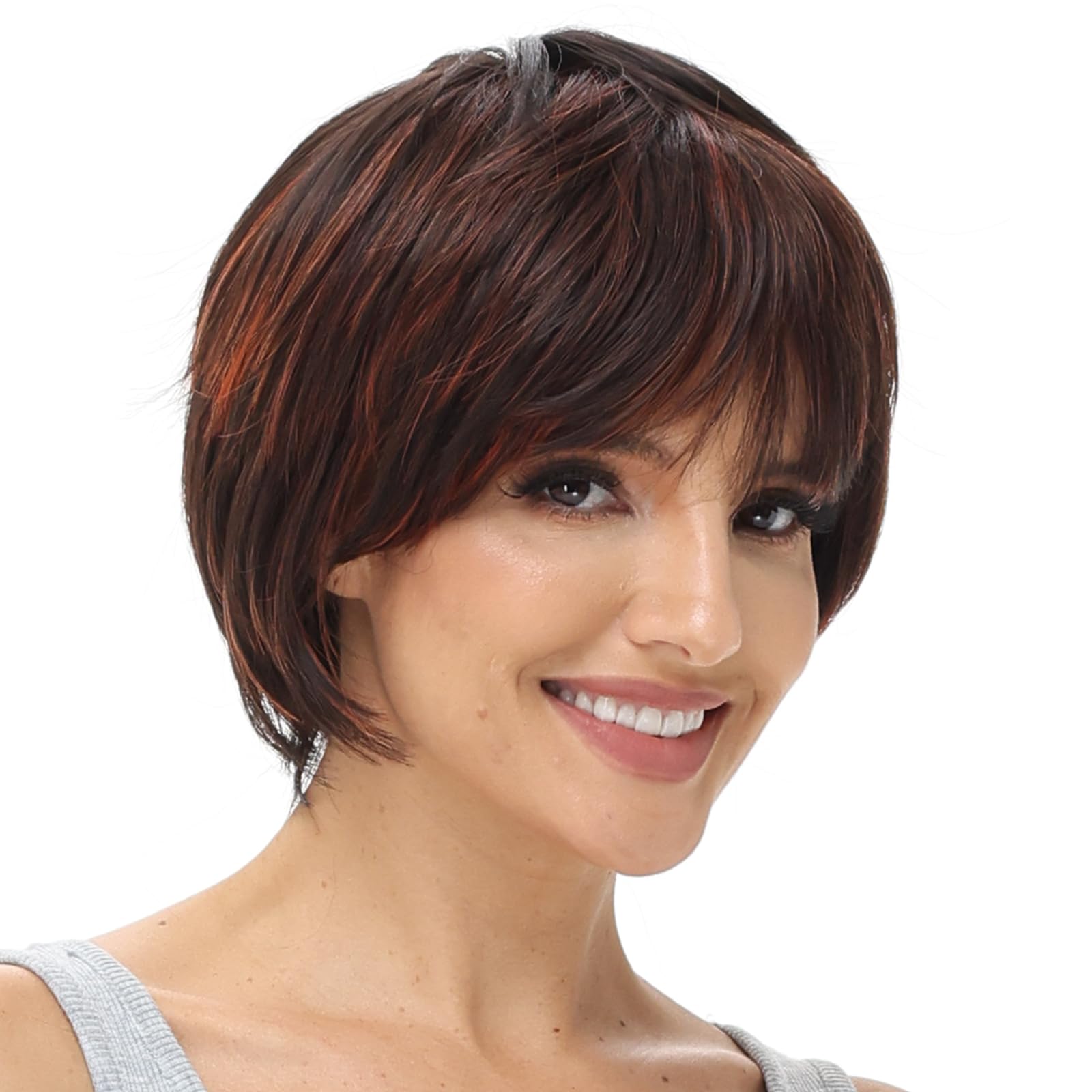 Yamel Orange Streaked Pixie Wig with Bangs for Daily Use or Cosplay Natural Straight Layered Synthetic Hair Short Wigs for Women Ladies