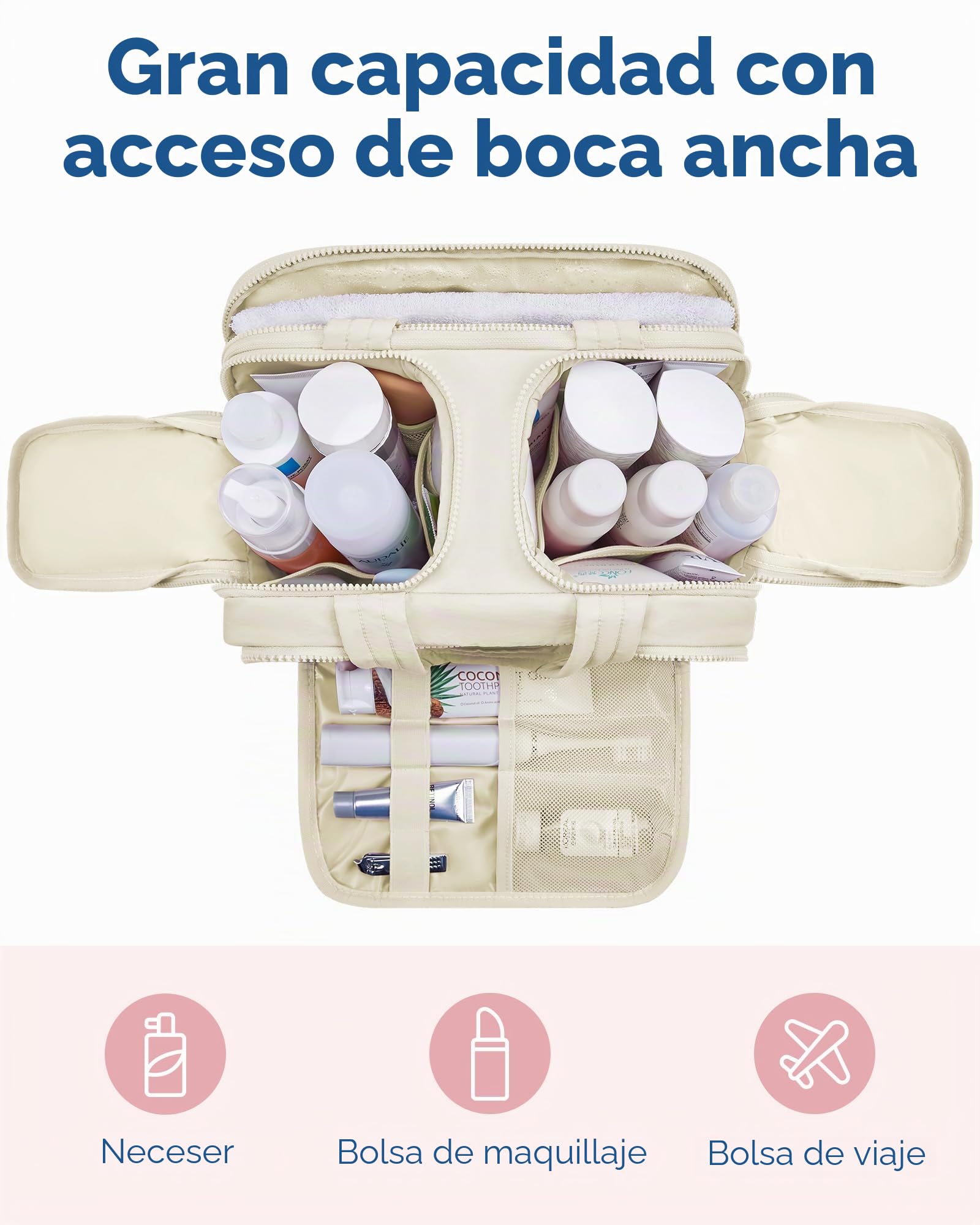 BAGSMART Neceser de viaje, bolsa de viaje ligera, grande y ancha abierta para mujer, organizador de bolsas de maquillaje hinchadas para cosméticos con asa para accesorios, artículos de tocador