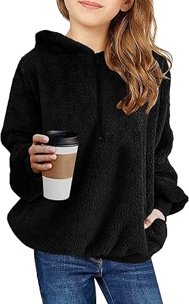 Kids Girls Fuzzy Hoodies Zipper Warm Loose Sherpa Hooded Sweatshirt Pullover With Pockets