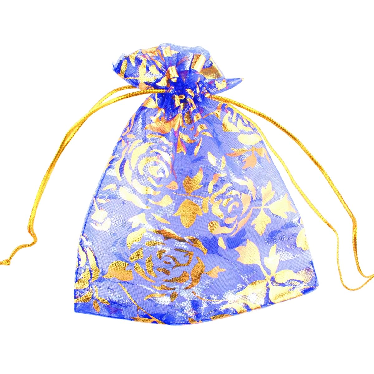 QIANHAILIZZ 100 pcs 3.5 x 4.7 Inch Flower Heart Organza Jewelry Gift Pouch Candy Pouch Drawstring Wedding Favor Bags X92 (royalblue gold flower)