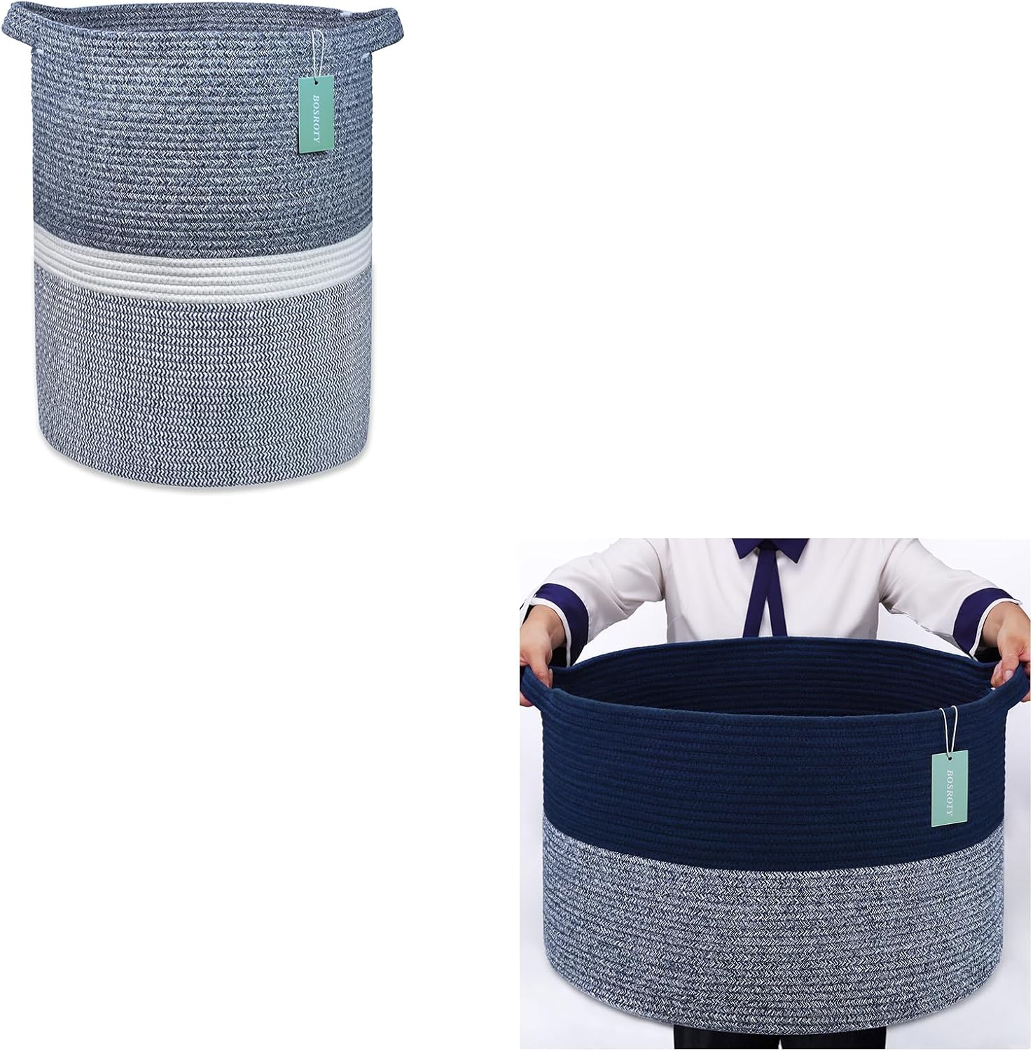 Tall Laundry Basket 72L and Extra Large Blanket Basket 87L, Large Cotton Rope Laundry Basket Hamper, Woven Storage Basket for Living Room Bedroom, Baby Nursery Hamper Bin, Toys Basket