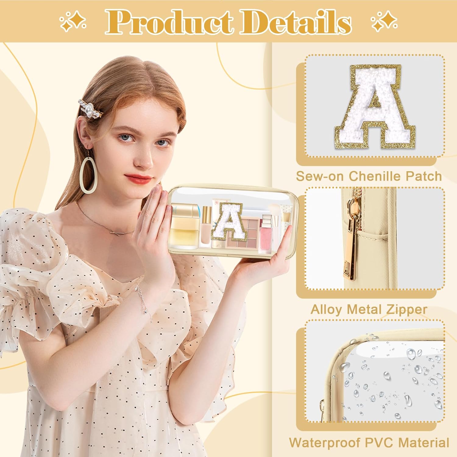 Personalized Initial Letter Clear Makeup Bag,Preppy Small Nylon&PVC Cosmetic Zipper Bag with Chenille Letter,Portable Beach Travel Skincare Toiletry Bag,Trendy Monogram Gift for Teen Girls Women,A - Image 3