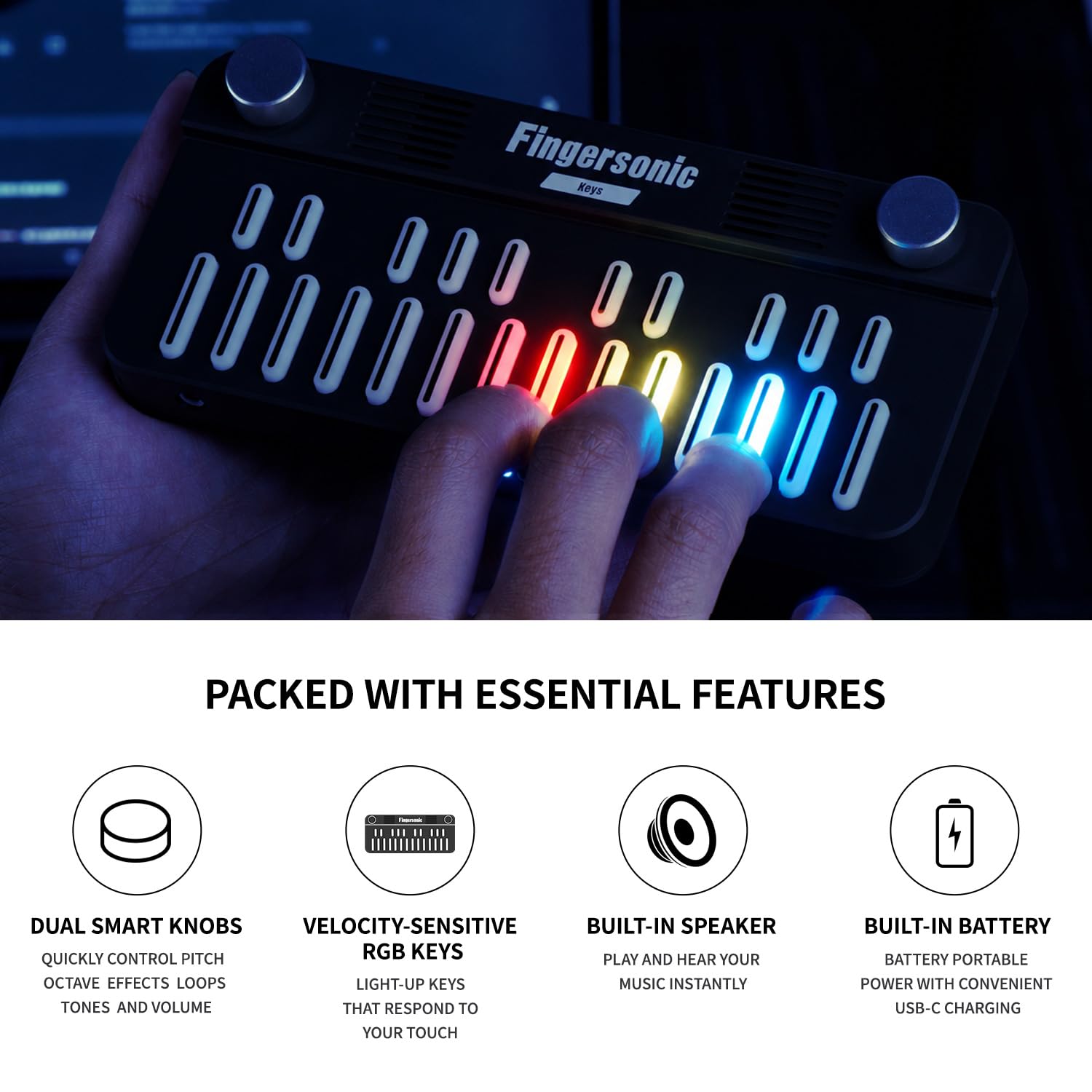 Tastiera MIDI portatile Fingersonic Keys a 24 tasti, BT/USB MIDI, nera | Tasti sensibili alla velocità, altoparlante integrato, LED colorati, uscita cuffie e app didattica