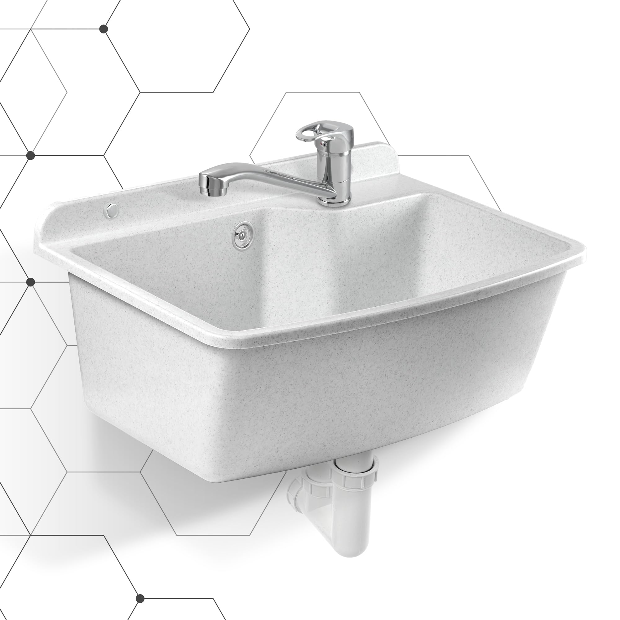 GOSPO Fregadero con grifo de pie, lavabo 61 cm x 44 cm x 23,5 cm, lavabo con rebosadero y sifón, incluye accesorios, color blanco