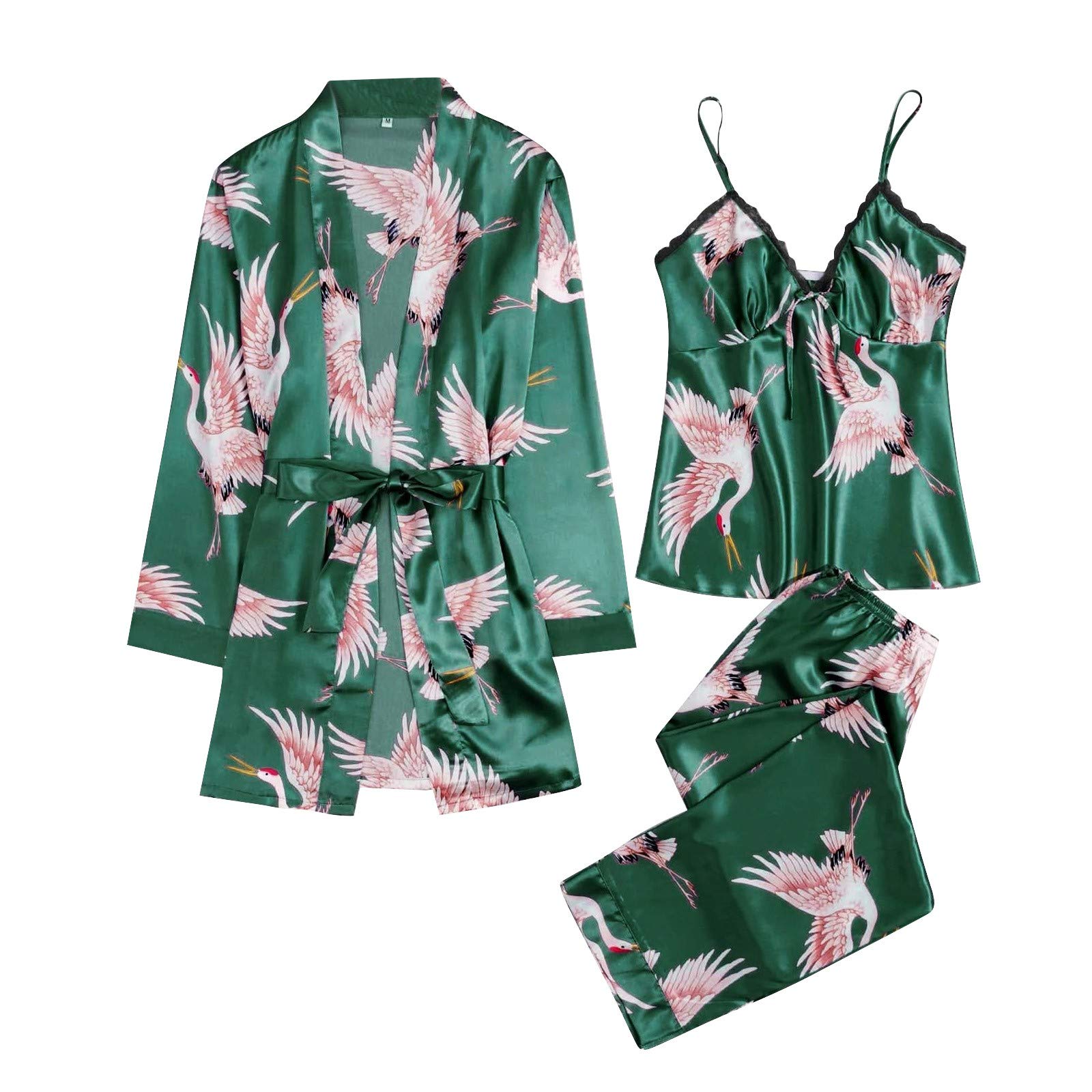 riou Conjunto de Pijama para Mujer De Satén, Encaje, Pantalón Camisa y PantalóN Largo Camisola de 3 Piezas, Ropa de Noche con Cuello En V Sexy Loungewear