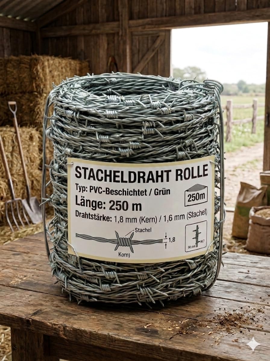Stacheldraht Rolle verzinkt | 250m Sicherheitszaun für Garten & Grundstück | 1,6-1,8 mm Drahtstärke, 4-spitzig & rostbeständig