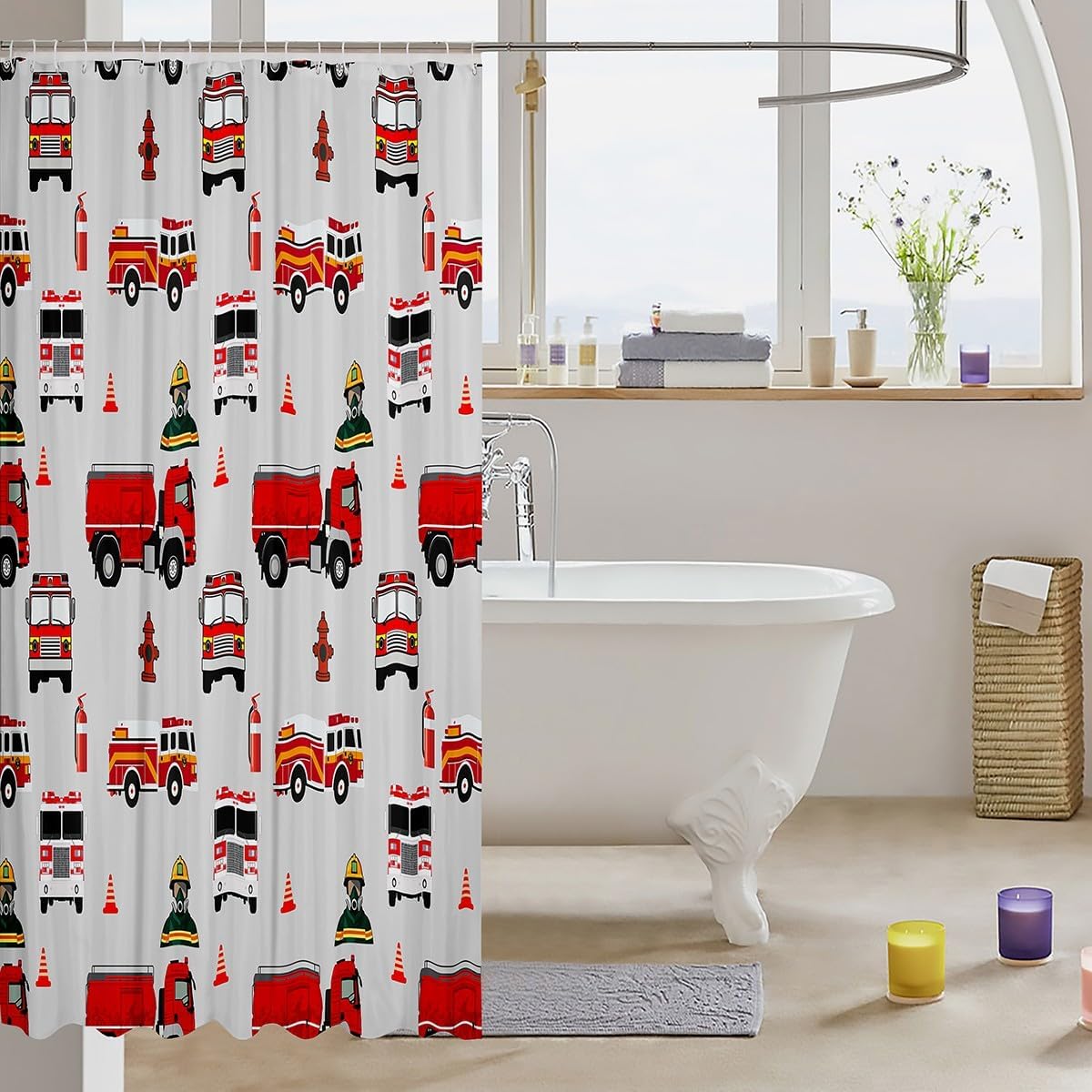 Feelyou Kids Fireman Bath Curtain Boys Fire Engine Firefighter Shower Curtain Red Fire Truck Vehicle Pattern Bathroom Shower Curtain Set for Girls Stalls Decor Waterproof Curtains 72x84 Inch