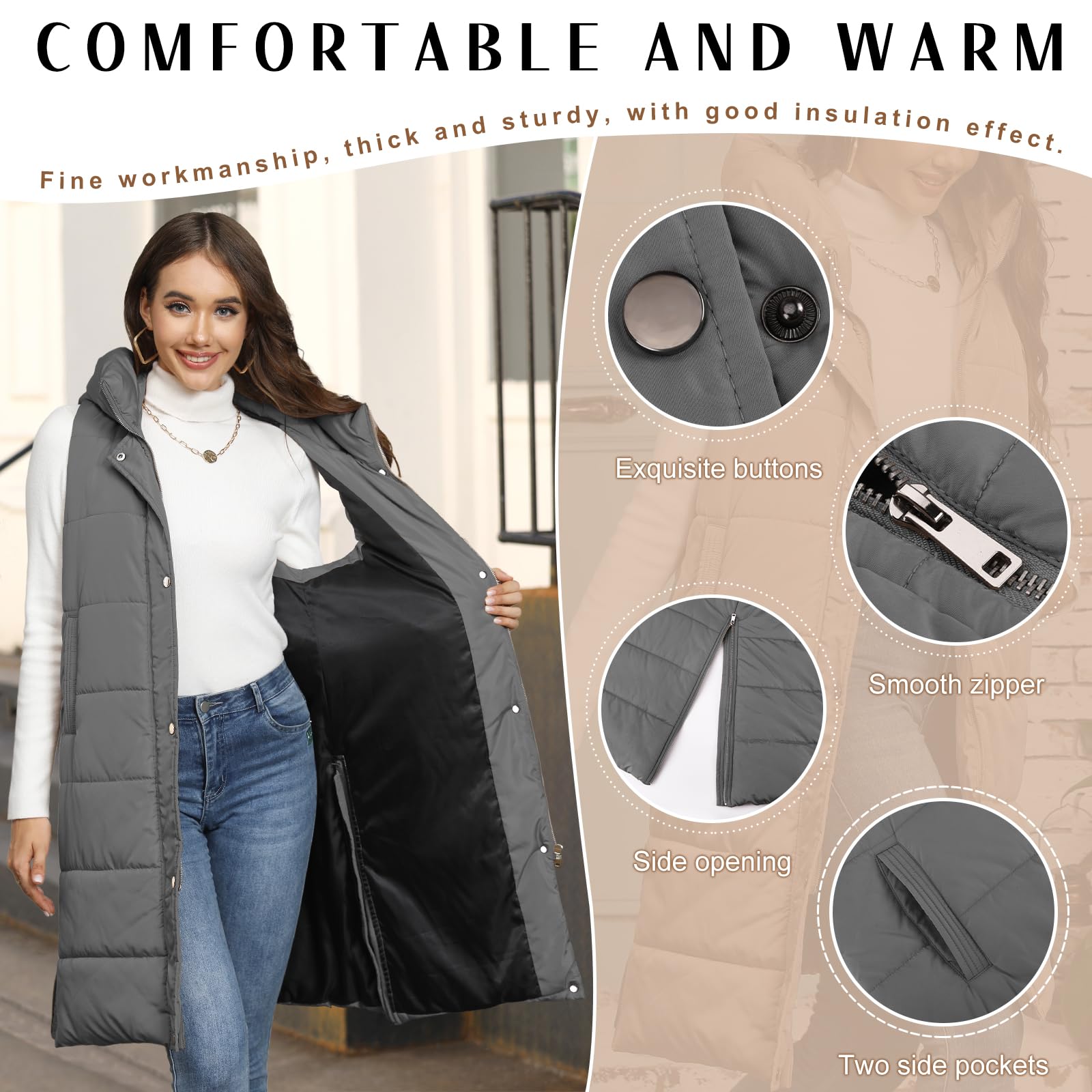 Yuson Girl Chaleco Mujer Chalecos Acolchados Medio Largo Chaquetas sin Mangas Casual Chaleco Grueso Invierno Abrigo Outwear con Capucha Largos Calentador de Cuerpo con Bolsillos