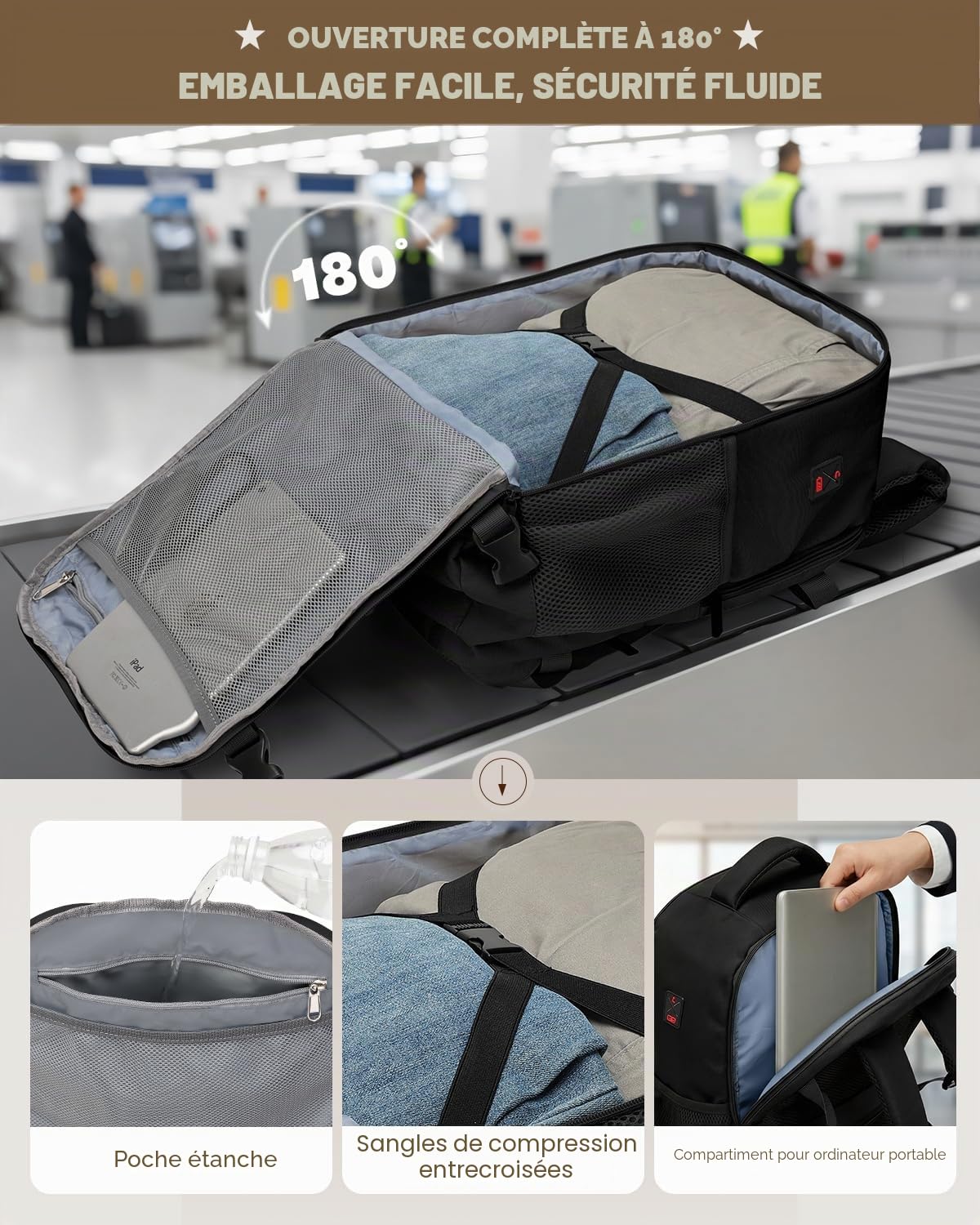 Sac à dos voyage cabine avion–Bagages cabine 55x40x20–Sac de voyage 44L avec compartiment pour ordinateur portable 17,3 pouces et poche antivol