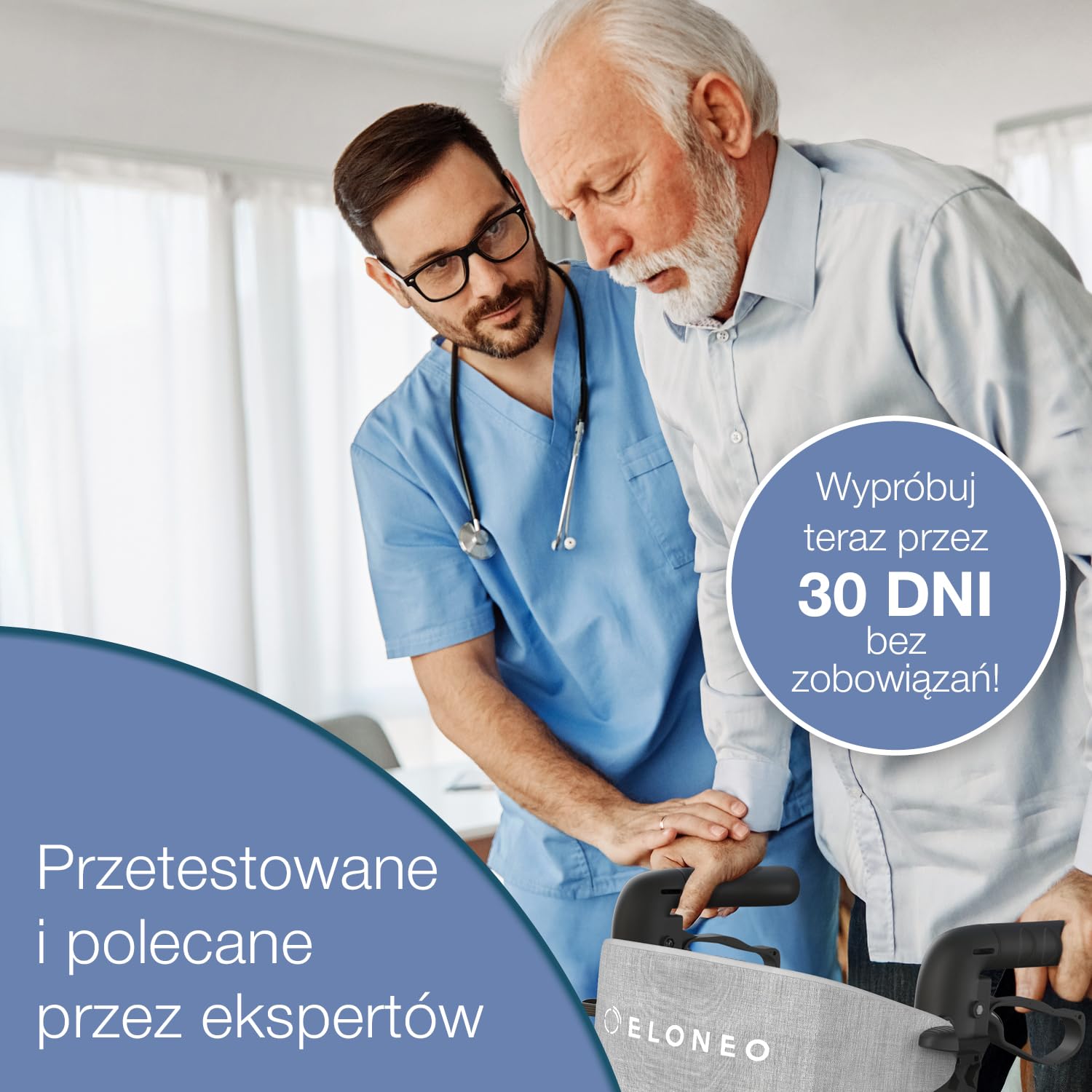 ELONEO 2 w 1 Wózek inwalidzki i balkonik rehabilitacyjny składany i lekki z siedziskiem, terenowy rollator wózek inwalidzki składany lekki na każdy teren, wózek transportowy, szary