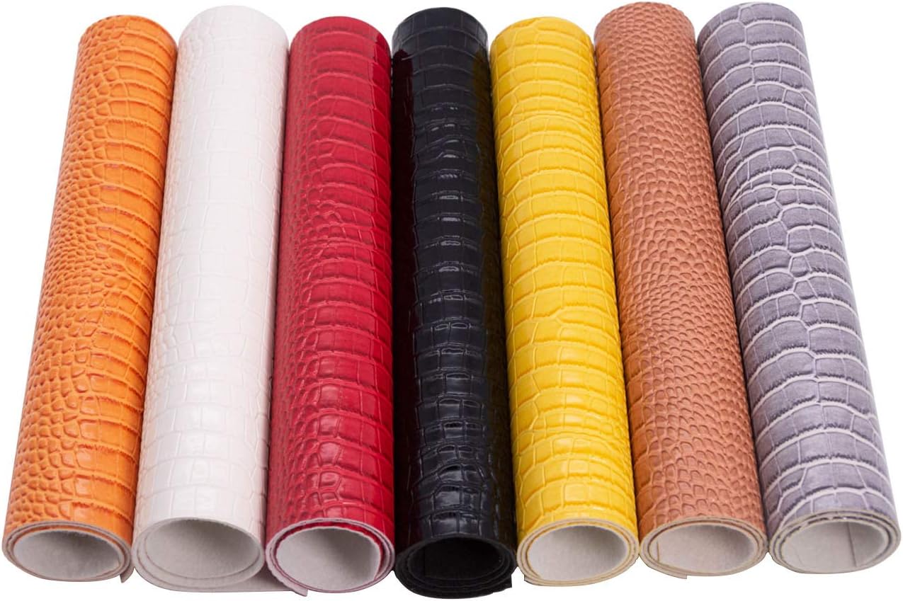 Meneng Crocodile Pattern Faux Leather Fabric Sheet Solid PU Synthetic Leather, Assorted Colors DIY Craft Leather 7 Pieces 9’’x13’’