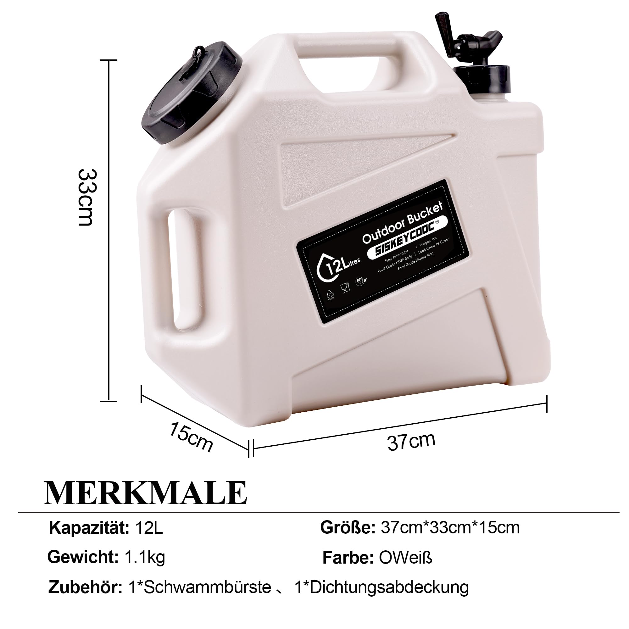 Bidon d'eau portable avec robinet - Réservoir d'eau sans BPA - Blanc - 12 l - Multifonction - Pour camping, extérieur, transport d'urgence - Blanc - 12 l