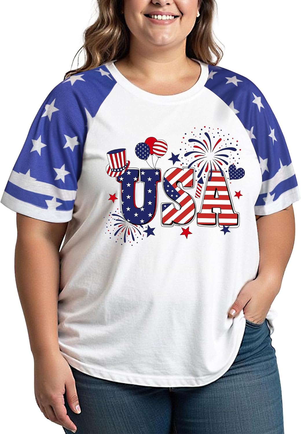 4th of July Shirts Women Plus Size:USA Color-Blocking Short-Sleeve American Flag Crew Neck Graphic T-Shirt