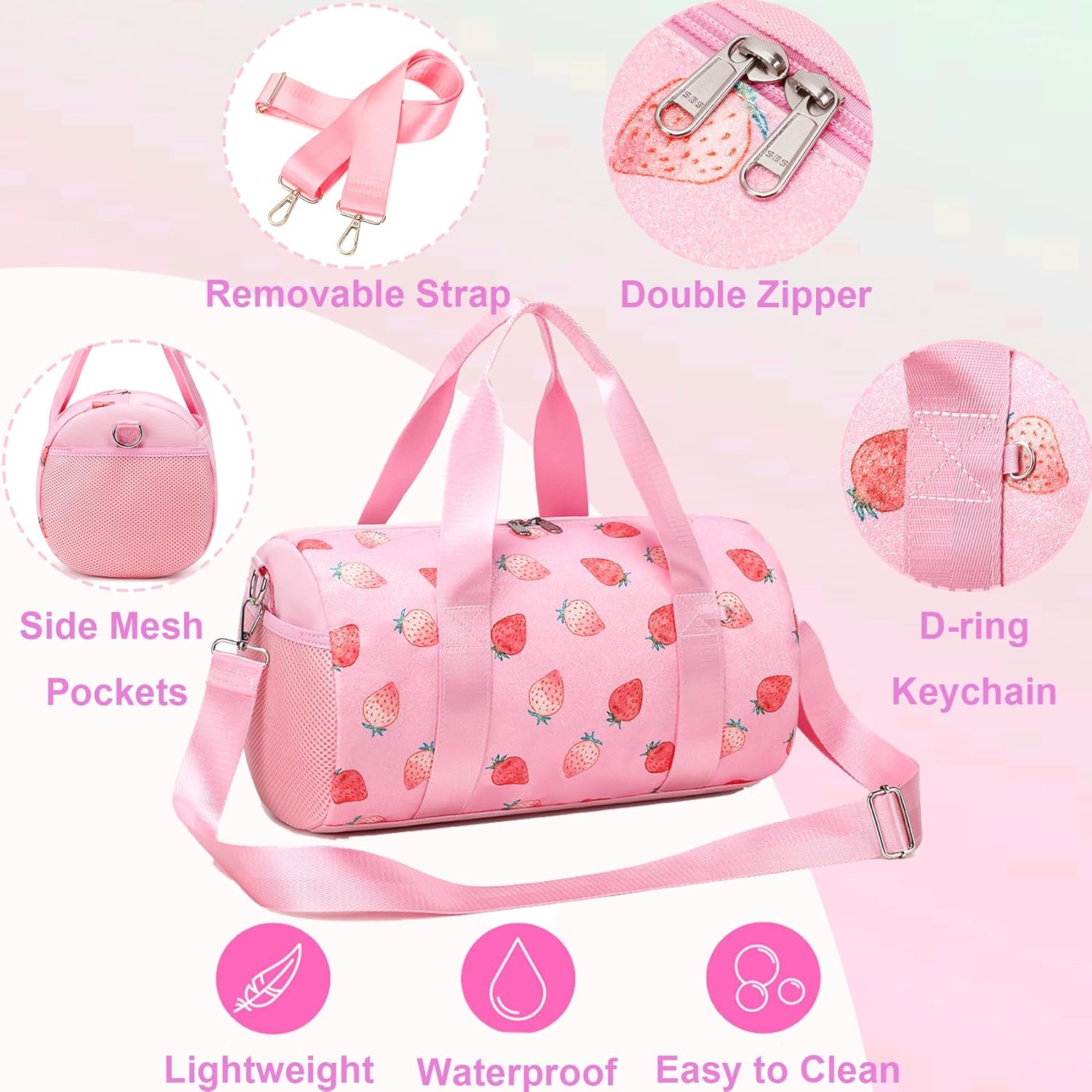 Dance Ballet Bag for Girls 4-6 Ballerina Gymnastic Bag Toddler Small Duffle Dance Bags for Little Dancers,Strawberry Glitter Material,14"*8.26"*8.26" - Image 4