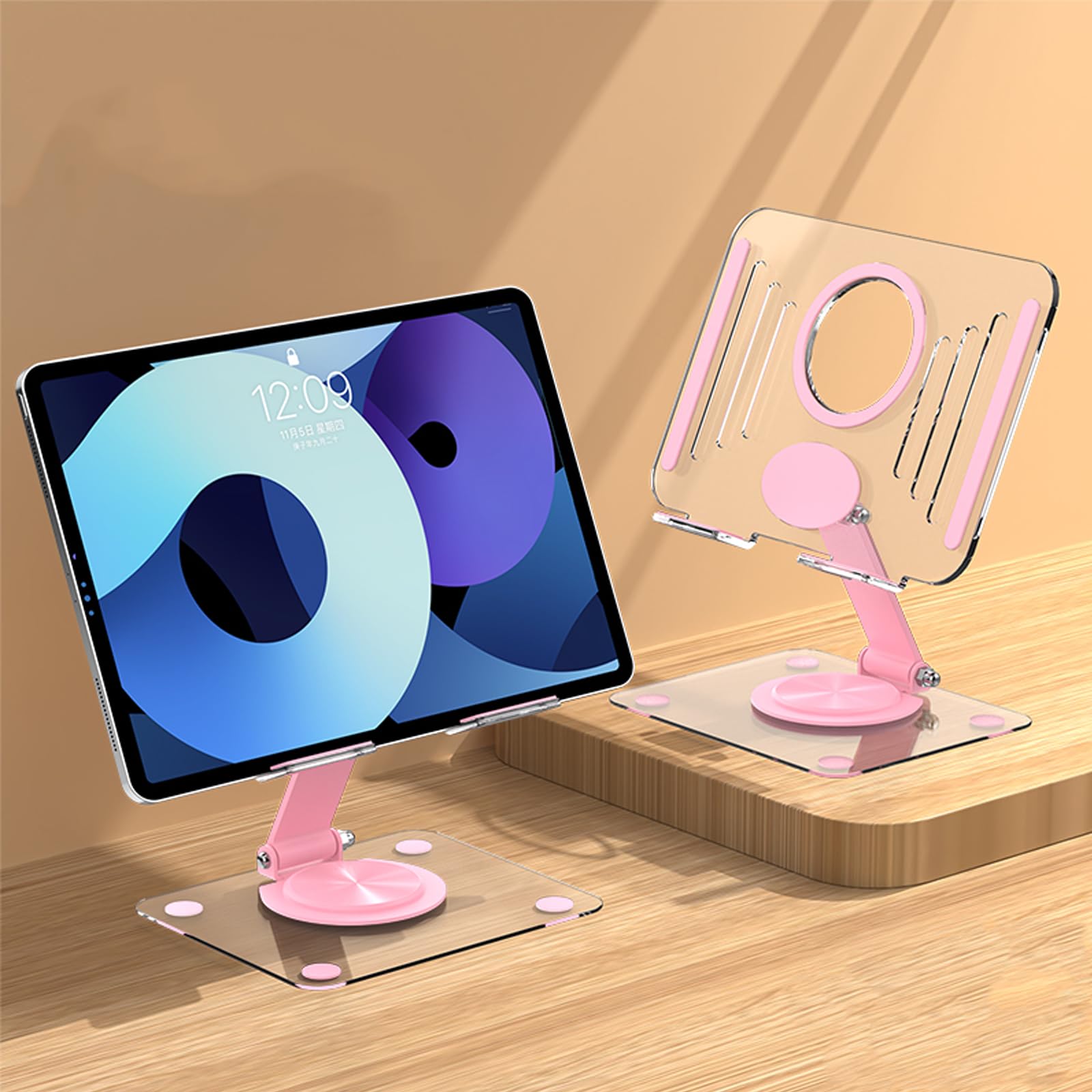 Supporto da scrivania per iPad, regolabile a 360°, supporto in acrilico per iPad, monitor e switch iPhone, organizer da scrivania e accessori per donne (rosa)