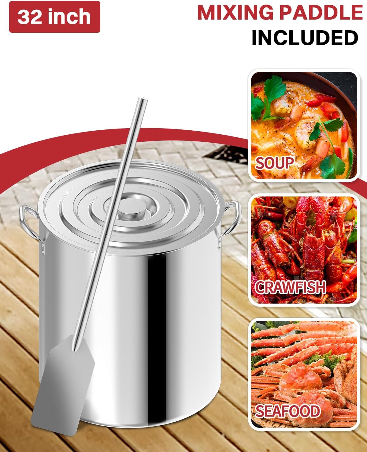 60QT Stainless Steel Seafood Boil Pot | 32" Detachable Mixing Paddle & 40QT Strainer Basket Included | Crawfish Crab Lobster Shrimp Boiler | Outdoor Stock Pot for Large Batch Cooking