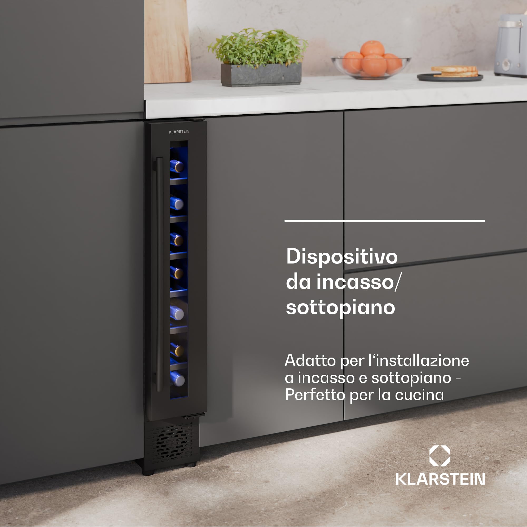 Klarstein Vinovilla 7 Uno - Frigorifero per Vini da Incasso, 7 Bottiglie, 1 Zona, 5-18°C, Illuminazione LED, Funzionamento Silenzioso, Nero Opaco, Frigorifero per Vini Stretto