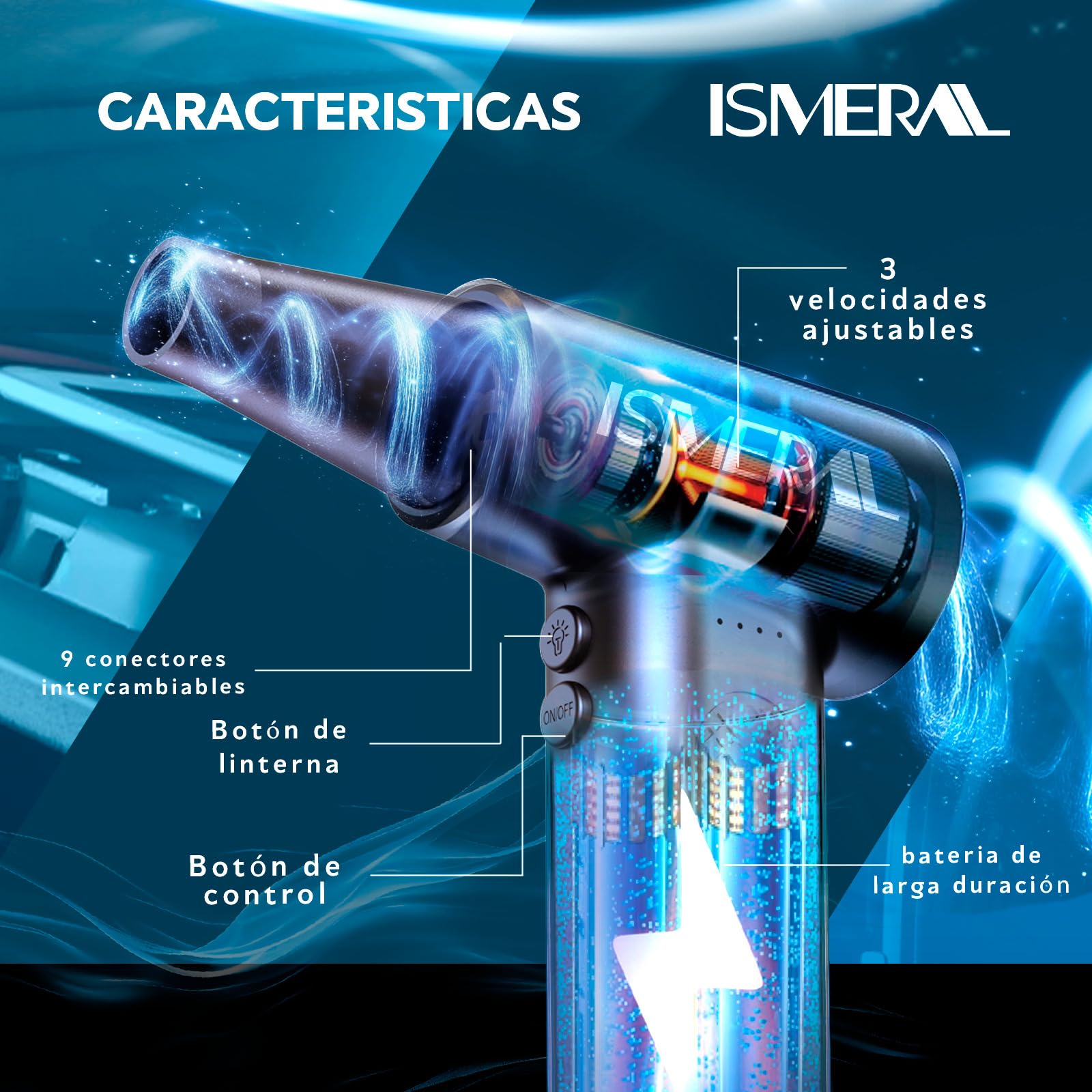 SÚPER Soplador De Aire Potente de 150000RPM BRUSHLESS ISMERAL® + 9 Boquillas + Cepillo + Bolsa de Transporte | Soplador Bateria 6000mAh | Aire Comprimido Limpieza pc | Soplador De Aire para pc |