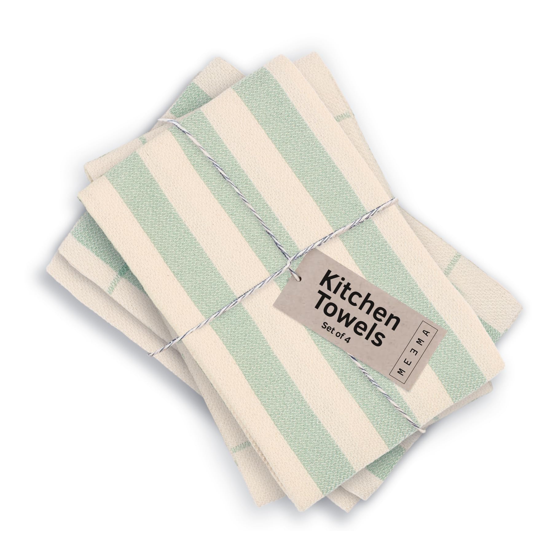 Meema Sage Green Kitchen Towels And Dishcloths Sets Of 4 | Large 18 X 28 Inch | Upcycled Cotton Tea Towel | Super Absorbent Cotton Dish Towels For Kitchen | Green Stripes | Hand Towels