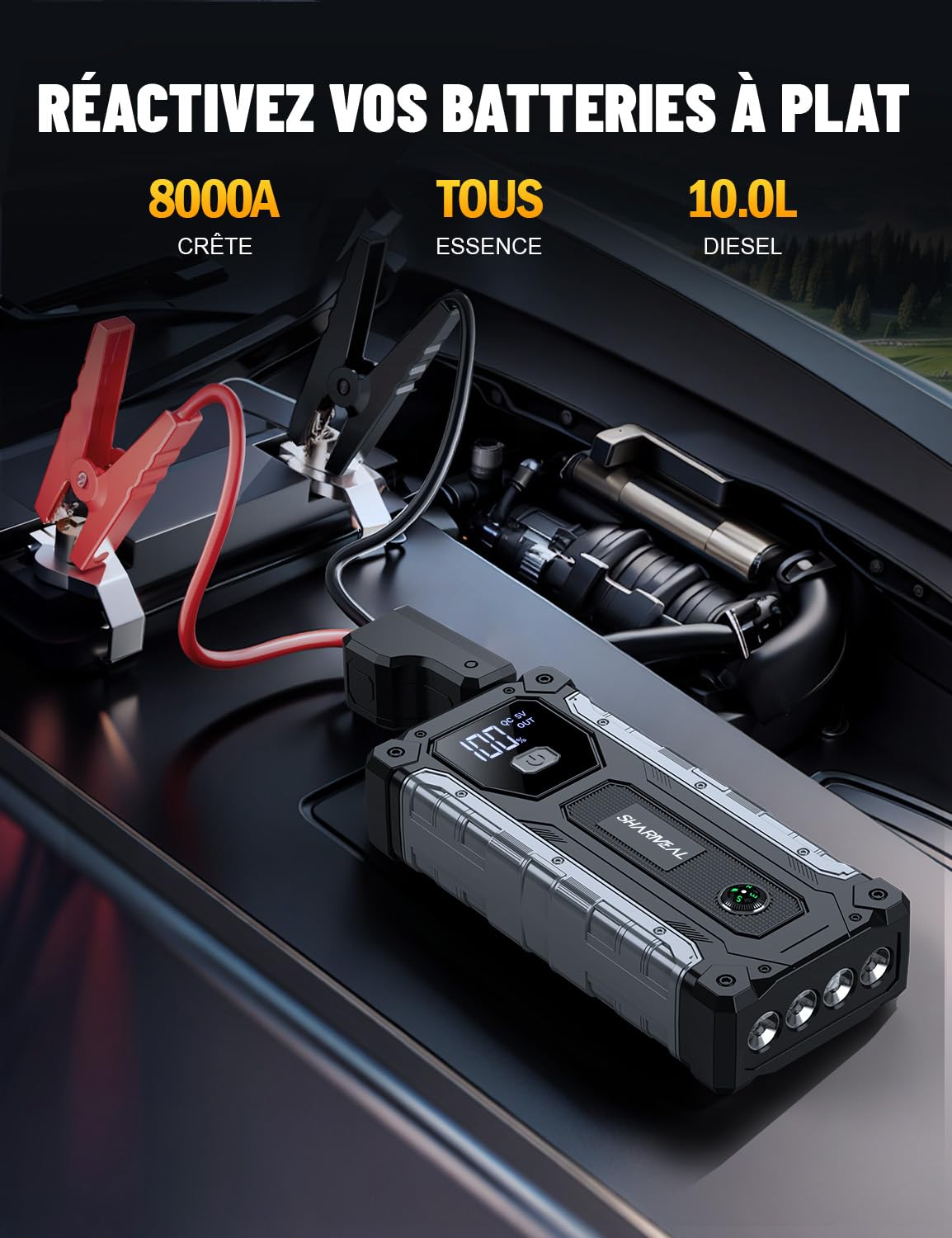 Sharmeal Booster Batterie Voiture 10000A, Démarreur Batterie Voiture Portable(Tout Essence ou 10L Diesel), 12V Jump Starter, Pinces de Sûreté Intelligentes, Grand Écran LCD, 400 Lumière LED 3 Modes