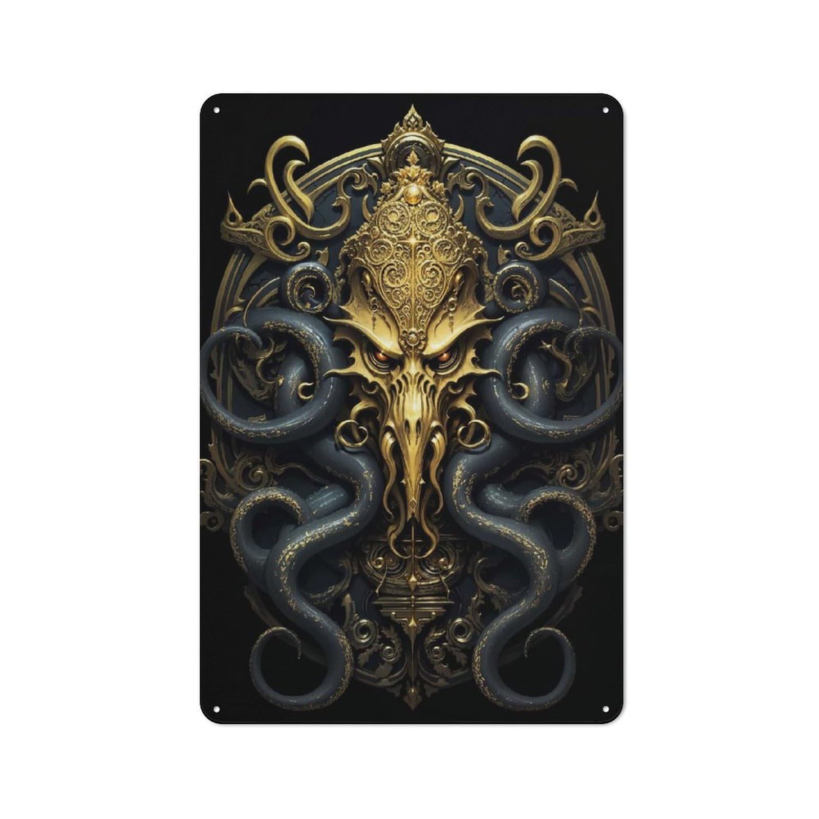 Junmoney Style Golden Kraken King Monster Industrial Metal Wall Decor 30X20cm, Tin Sign For Workshop, Basement, Shed Or Games Room