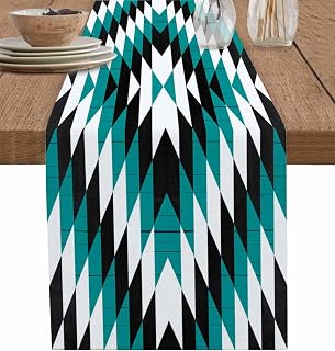 Turquoise Aztec Table Runners 36 Inches Long, Coffee Table Runner, Black White Southwest Vintage Geometric Farmhouse Tablerunners Dress Scarves for Kitchen Island/Dining Table 13"x36"
